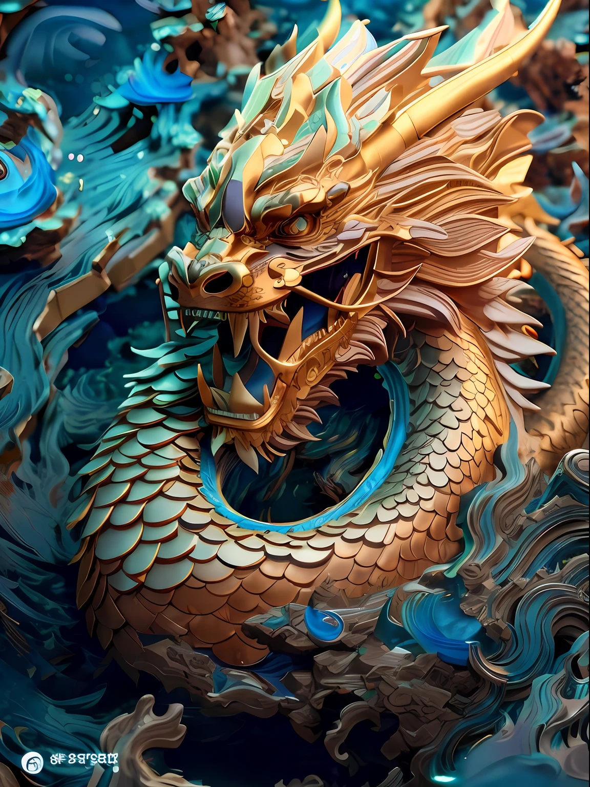 Uma estátua de dragão em um fundo azul，aceno, fantasia de dragão chinês ciano, arte 3d digital detalhada, intrincado estilo cgi de anime ornamentado, dragão chinês suave, Dragão chinês, Arte digital altamente detalhada, arte digital altamente detalhada, arte digital ultra detalhada, Arte detalhada de alta qualidade em 8K, Dragão dourado, arte conceitual do dragão chinês, majestoso dragão japonês, linguagem de design de dragão