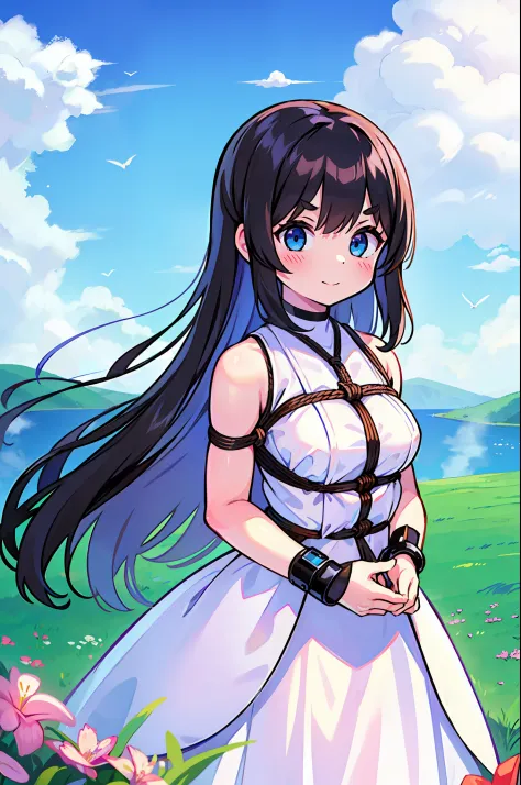1girl,bangs,bare_shoulders,black_hair,blue_eyes,blue_sky,blush,closed_mouth,cloud,cloudy_sky,condensation_trail,day,dress,eyebrows_visible_through_hair,field,long_hair,looking_at_viewer,outdoors,sky,sleeveless,sleeveless_dress,smile,solo,white_dress,((BDSM...