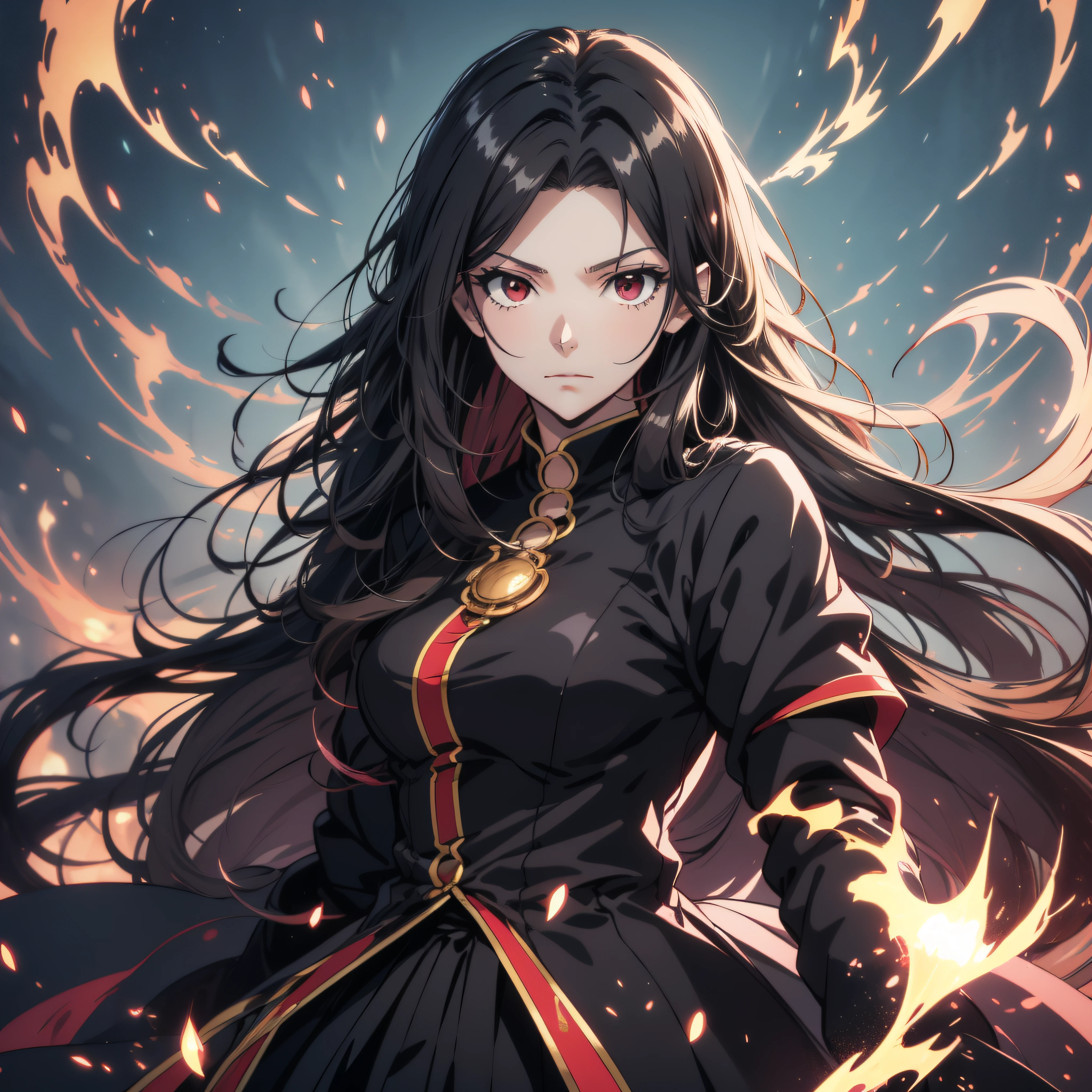 Fille anime de 20 ans, style artistique d&#39;anime fluide, cheveux longs corbeau, cheveux légèrement ondulés, Frange séparée, cheveux noirs, Mage, les yeux rouges, long manteau noir, chemise blanche, jupe noire, aristocrate, Tenue noble, Beau, éthéré, élégant, prestigieux, fond sombre, effet de particules, feu flamme, foudre, debout, demi-corps