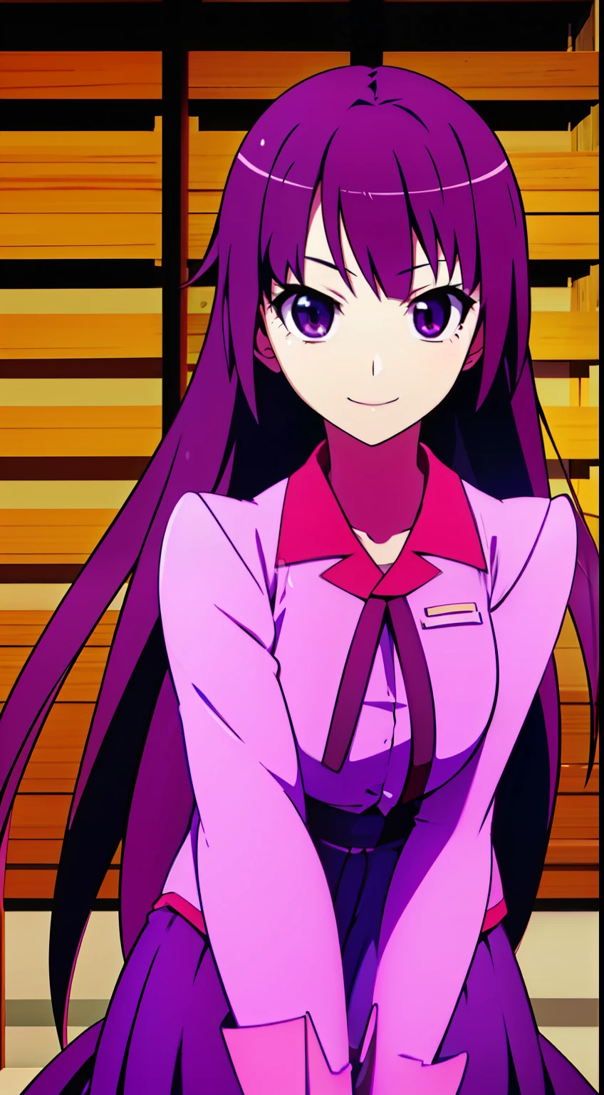 1girl in, senjougahara hitagi, 独奏,  juliet sleeves, student clothes, Purple hair, The shirt,   Super long hair, Purple skirt, ,Bicycle parking、early evening、The upper part of the body、A smile、(The upper part of the body:1.4)