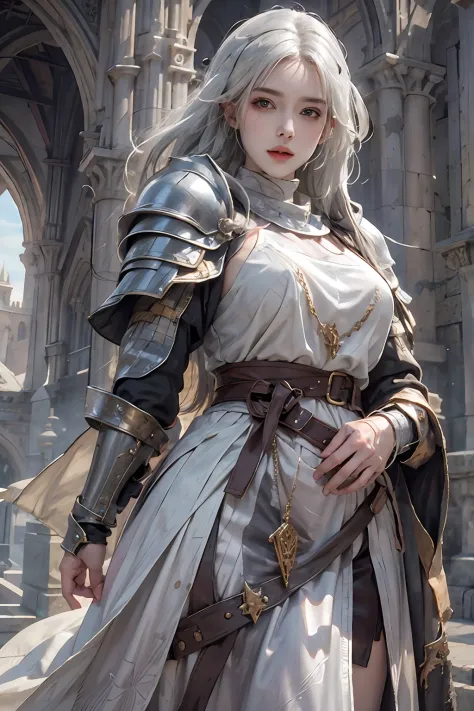 photorealistic, high resolution, 1women, solo, hips up, look at viewer, (detailed face), white hair, medieval armor, dark souls ...