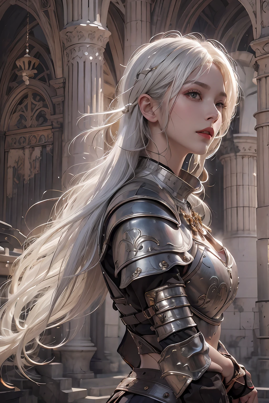 photorealistic, high resolution, 1women, solo, hips up, look at viewer, (detailed face), white hair, medieval armor, dark souls style, jewelry