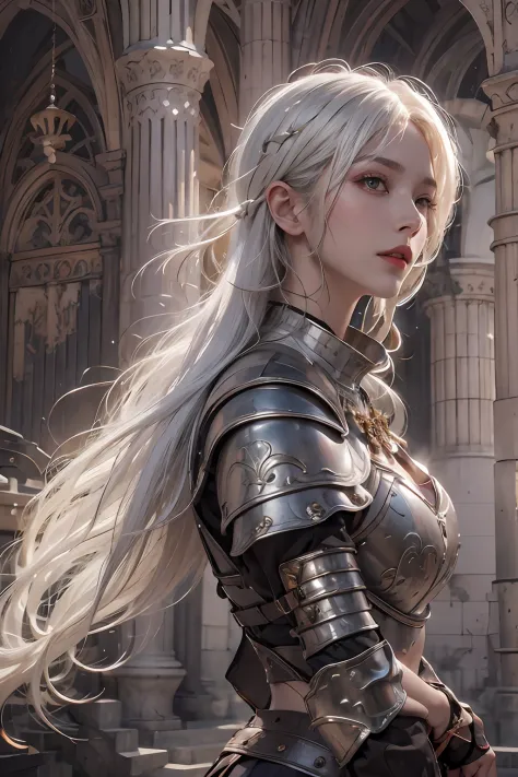 photorealistic, high resolution, 1women, solo, hips up, look at viewer, (detailed face), white hair, medieval armor, dark souls ...