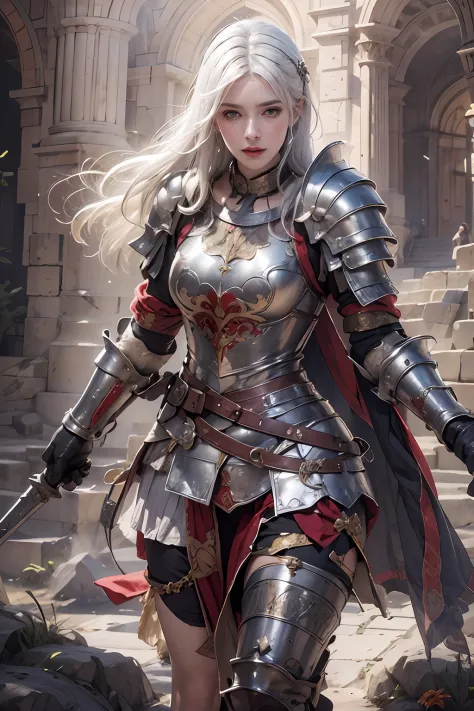 photorealistic, high resolution, 1women, solo, hips up, look at viewer, (detailed face), white hair, medieval armor, dark souls ...