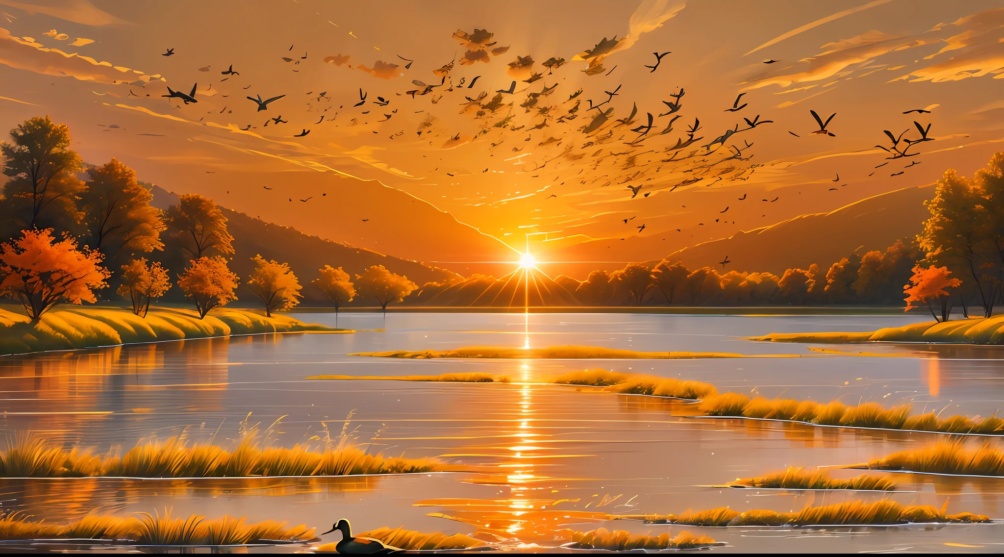 (best quality:1.4),high details,high quality,super detail,masterpiece,The setting sun and the solitary wild duck fly together,while the autumn water shares the same color as the boundless sky,