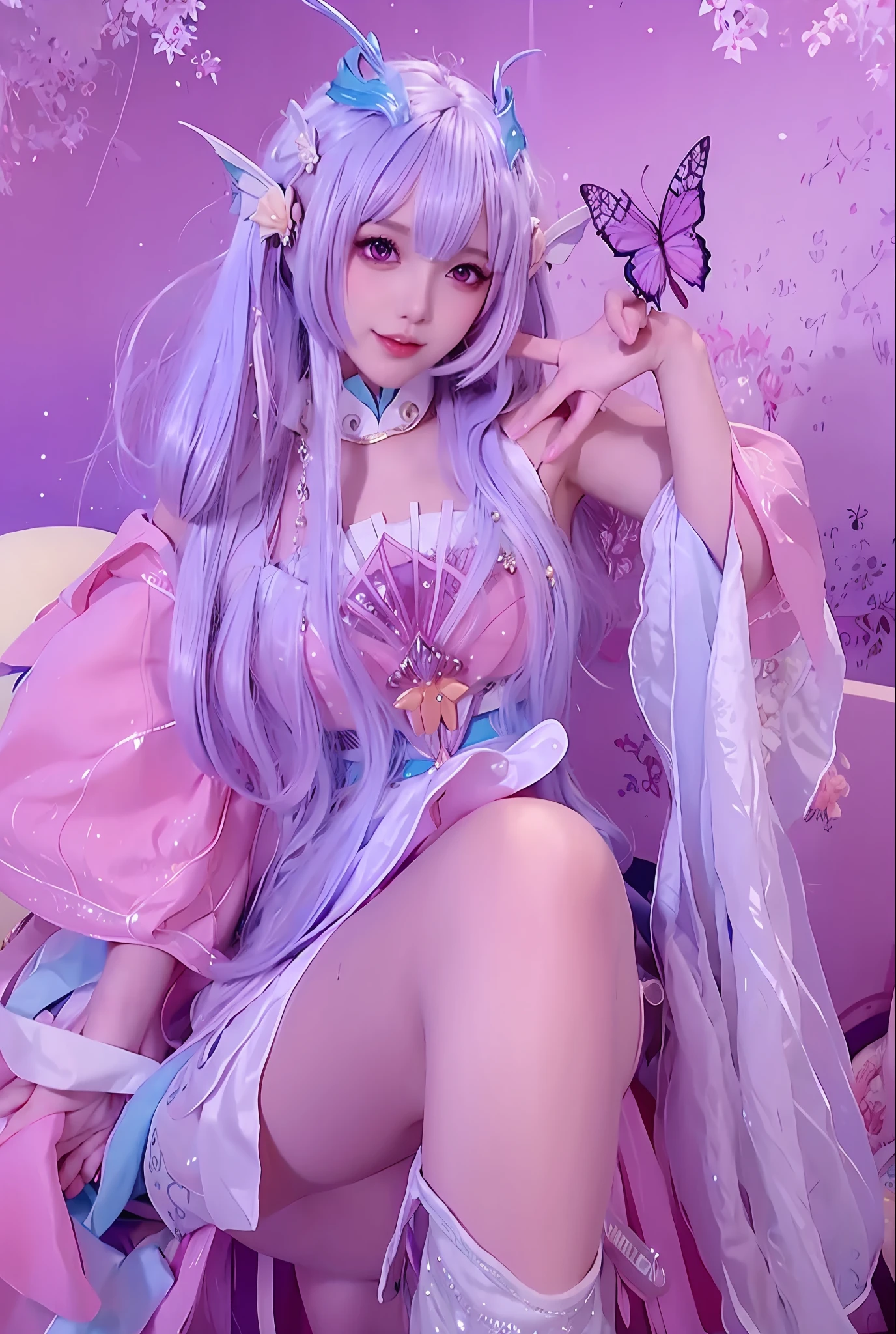 Purple colored hair，Butterfly embellishments and purple dress, ((a beautiful fantasy empress)), a beautiful fantasy empress, Beautiful anime girl, Guviz, Beautiful anime style, Guviz-style artwork, Beautiful anime woman, Fantasy art style, beautiful fantasy anime, Anime goddess, Ethereal beauty, Middle metaverse, beautiful elf with violet skin