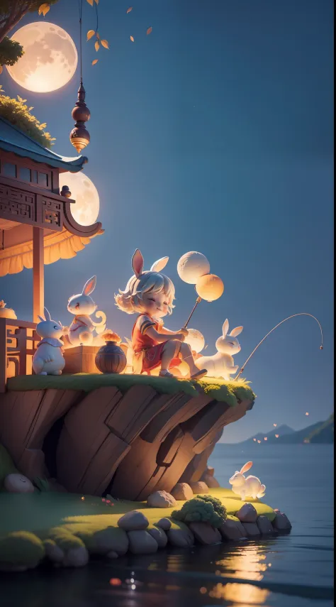 Mid-Autumn Festival, night style, a boy, sitting on a boat fishing with a fishing rod, surrounded by lovely rabbit animals accompanied by the wind blowing through the beautiful scenery, cartoon 3D, oc rendering c4d super details bright color red cliff, amb...