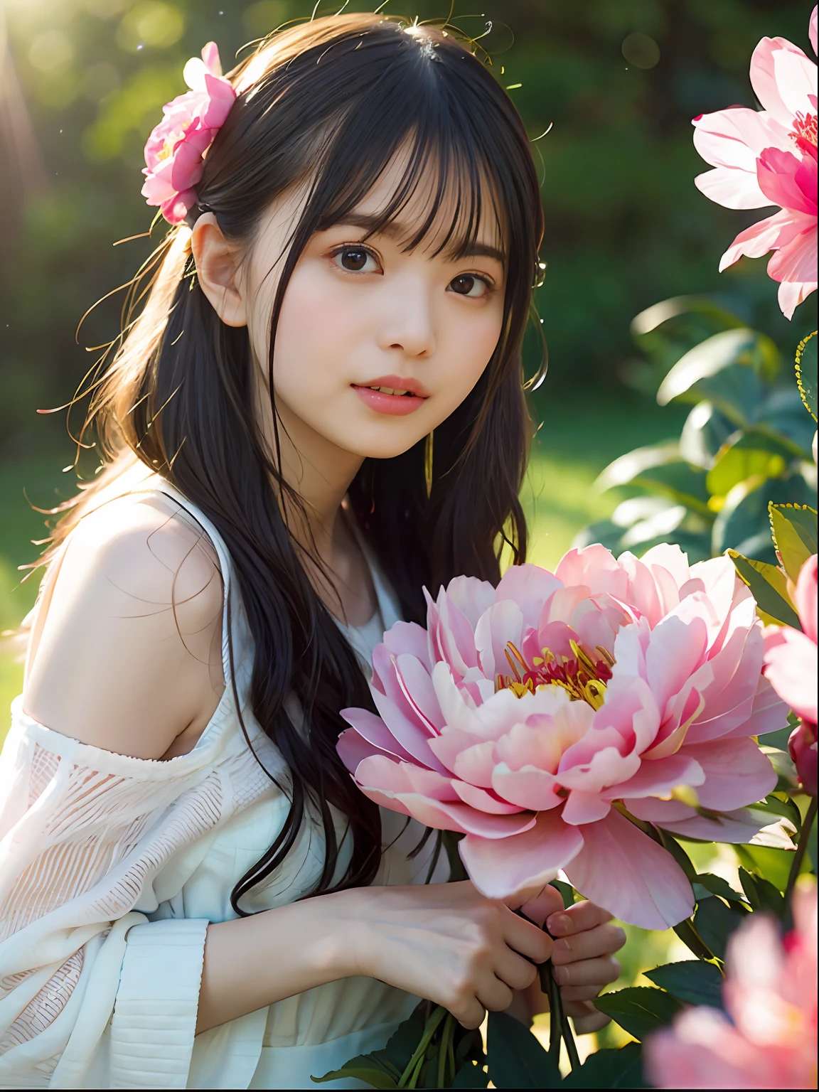 （（（fully body photo））））， （（Single Eyelids））），（（Sunset backlight））），（lens flare glow）），（Wear Republican clothing）），（Super Soft Focus））））））， ssmile， （Configuration file））））， （Upp））， at twilight， Showers， Colorful peony flowers on background， Surrounded by peony flowers， Take peony flowers, for example, For example（（pastel sunset））， （yinchuan：1.5）， tmasterpiece， best qualtiy， RAW photogr， Photorealsitic， the face， beuaty girl，Holding a bouquet of peony flowers cute， short detailed hair， （（（（depth of fields））））， A high resolution， Hyper-detailing， finedetail， Very detailed， cinmatic lighting