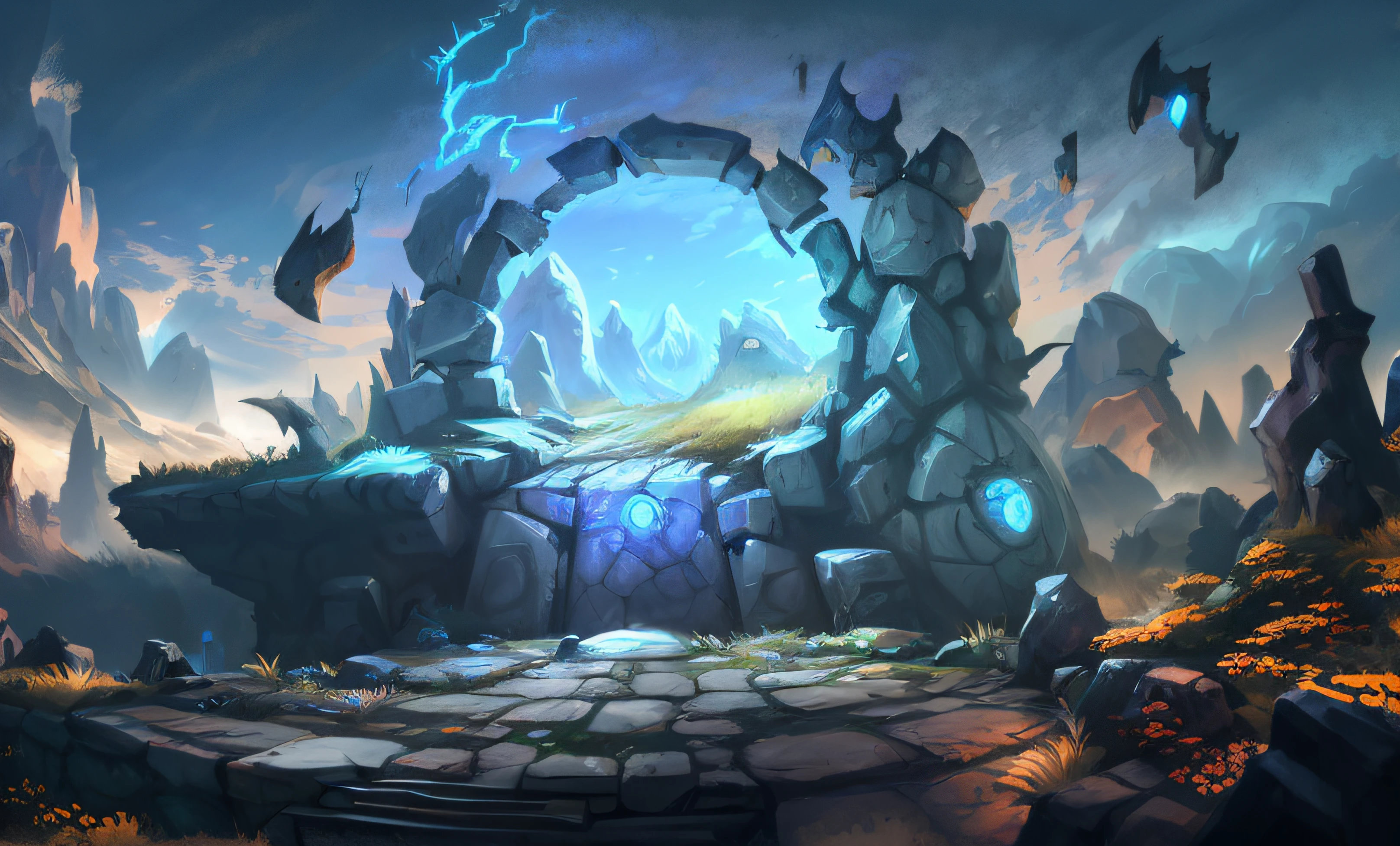 Close-up do túnel，Cena de montanha, Arte conceitual do jogo Riot, mundo visto apenas através de um portal, arte mundial conceitual, dota arte conceitual de pintura fosca, fundo da arena de pedra de odin, arte conceitual de liga das lendas, pintura fosca arcano dota pixar, portal para outro mundo, dota! arte conceitual de pintura fosca, arte conceitual de meio ambiente, arte conceitual futurista nórdica