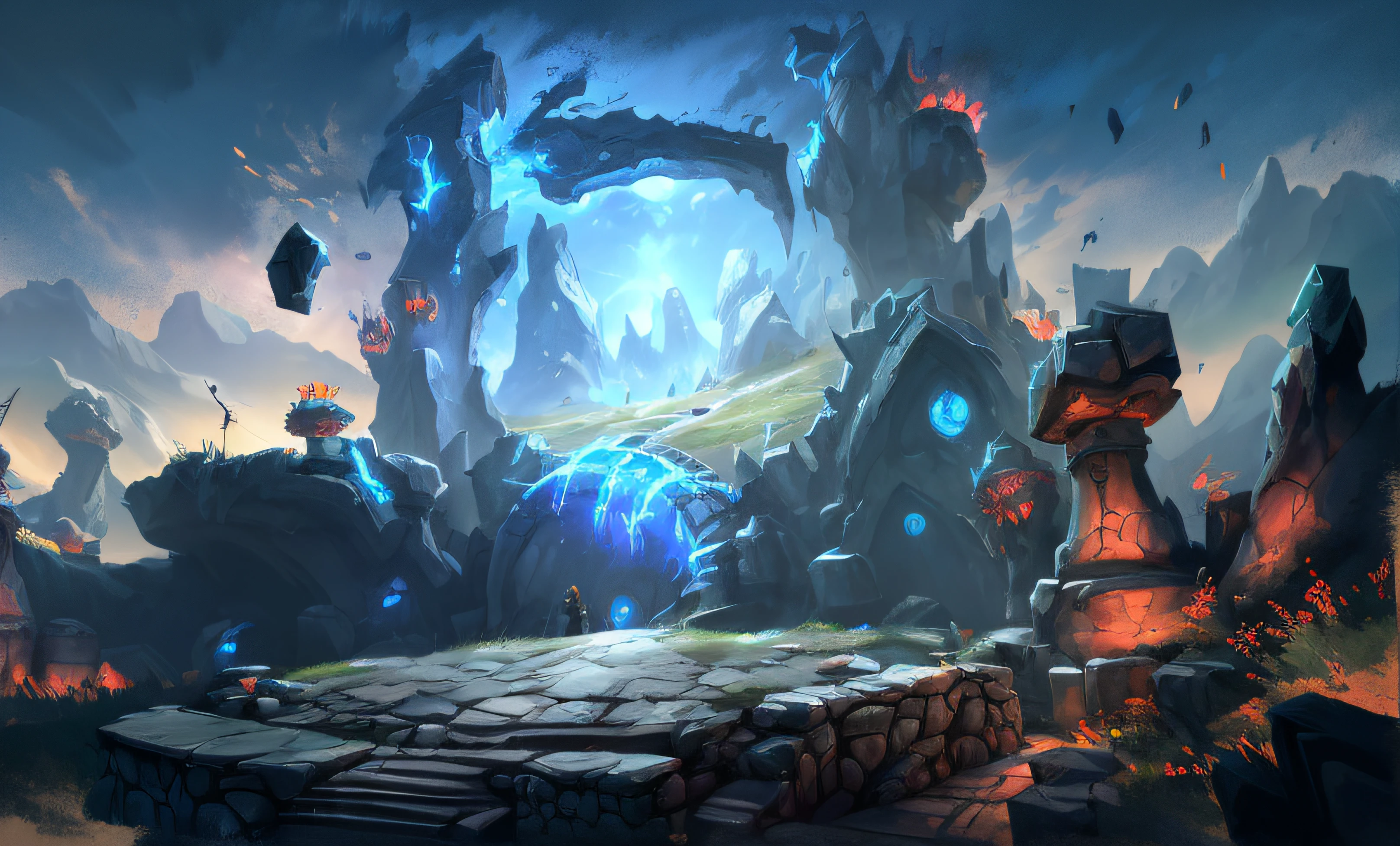 Close-up do túnel，Cena de montanha, Arte conceitual do jogo Riot, mundo visto apenas através de um portal, arte mundial conceitual, dota arte conceitual de pintura fosca, fundo da arena de pedra de odin, arte conceitual de liga das lendas, pintura fosca arcano dota pixar, portal para outro mundo, dota! arte conceitual de pintura fosca, arte conceitual de meio ambiente, arte conceitual futurista nórdica