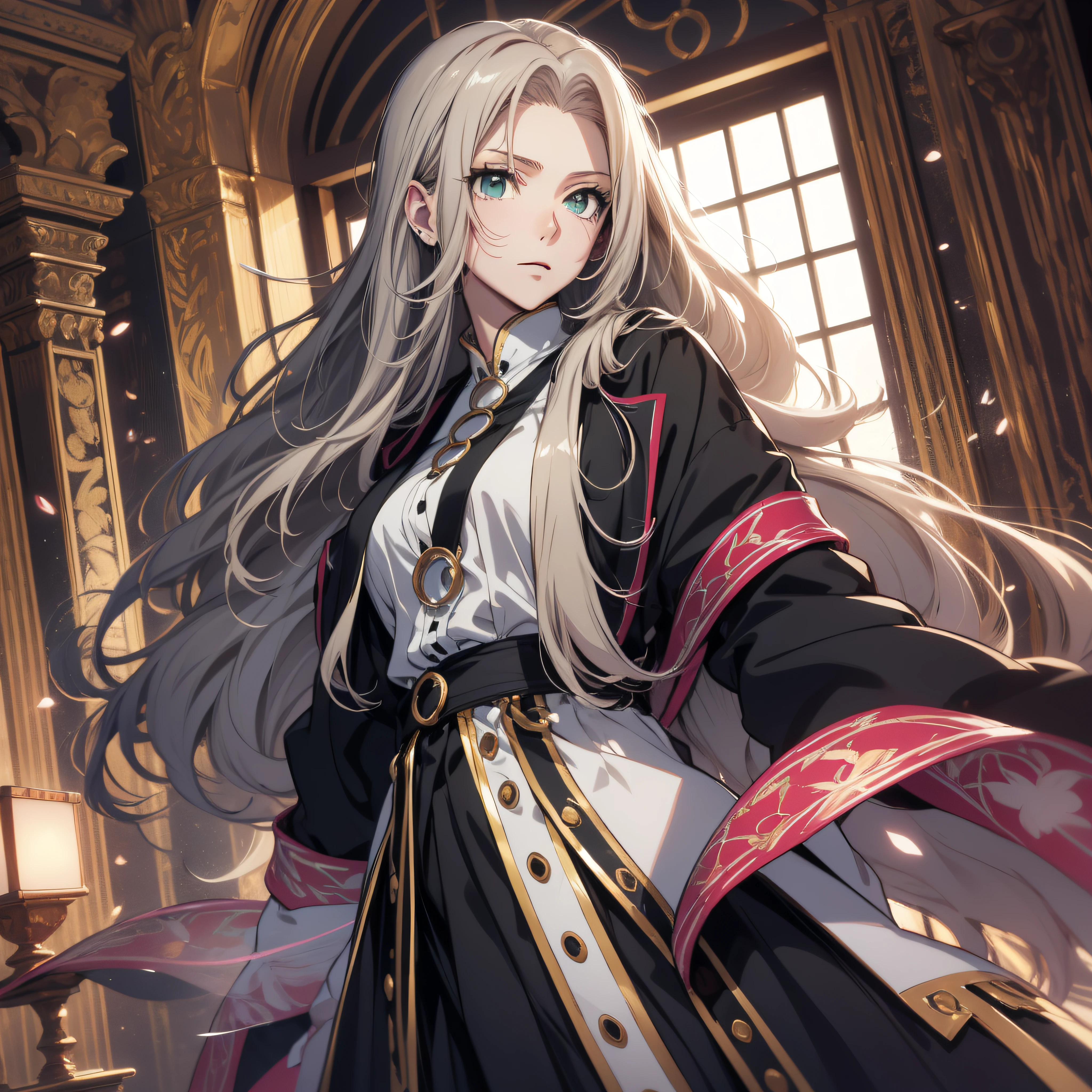 (best quality, masterpiece, ultra-detailed, extremely detailed, highres), 18 years old Anime girl, long raven hair, slightly wavy hair, parted bangs, Magus, green eyes, long black coat, white shirt, black skirt, aristocrat, noble attire, beautiful, ethereal, classic, royal building