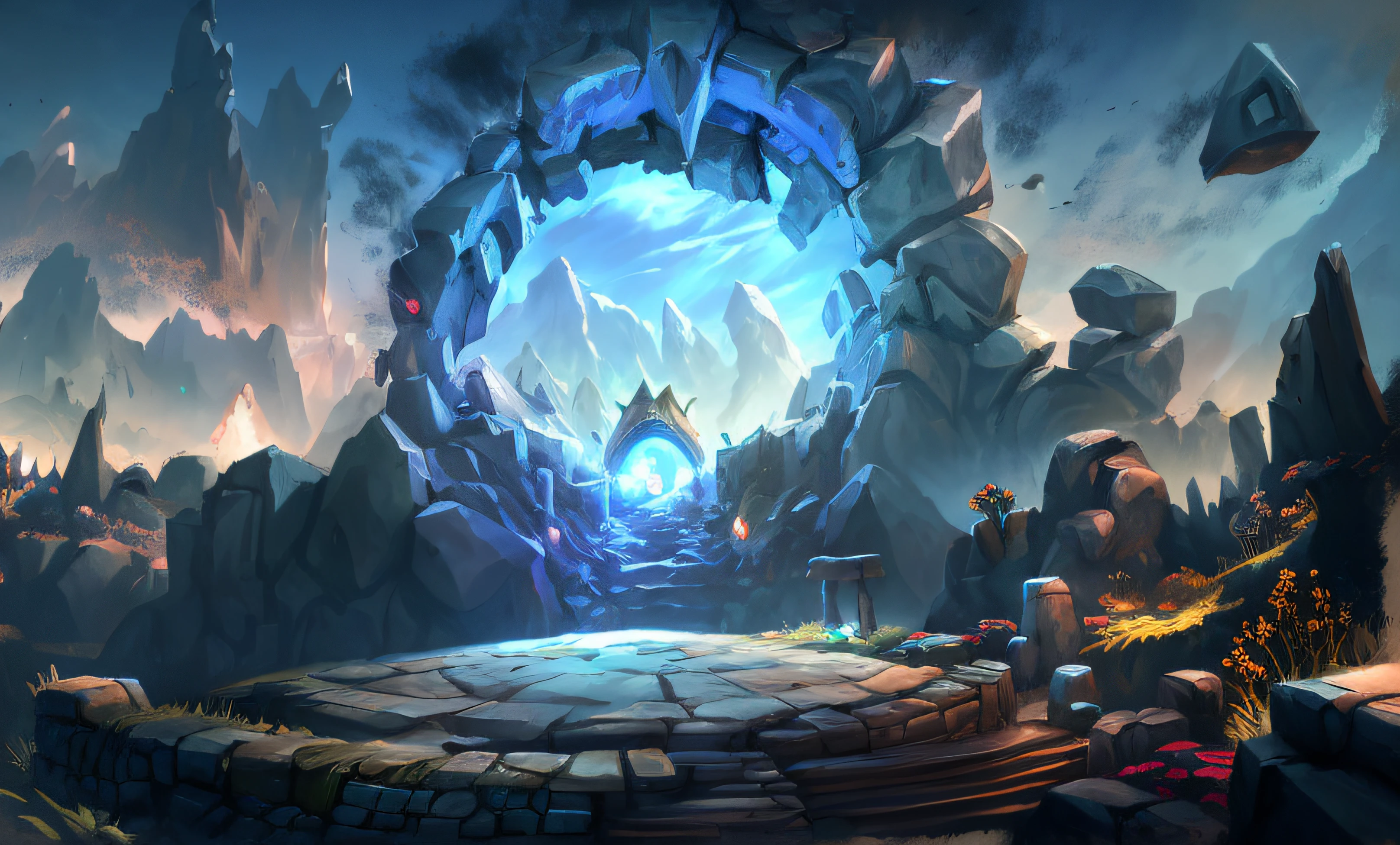 Close-up of the tunnel，mountain scene, Riot game concept art, world seen only through a portal, concept world art, dota matte painting concept art, odin's stone arena background, League of Legends concept art, matte painting arcane dota pixar, portal to another world, dota! matte painting concept art, environment concept art, concept art futuristic norse