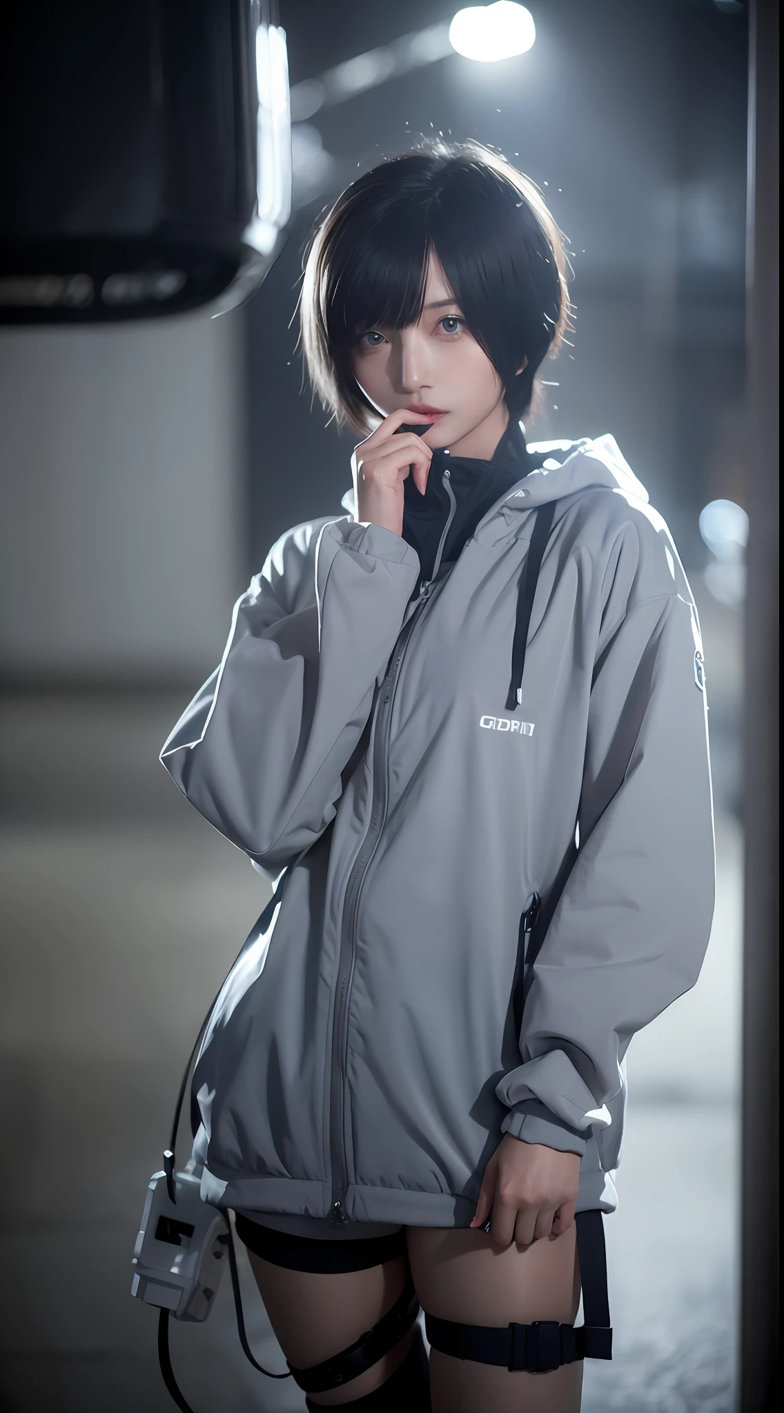 1girl, helmet, hood, solo, spacesuit, short_hair, bangs, jacket, upper_body, white_hair, bag, blurry, coat, grey_eyes, blurry_background, backpack, zipper, urban techwear, smoking,