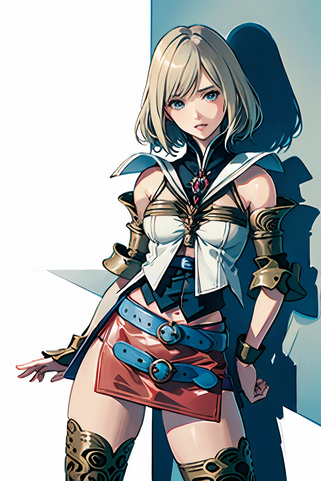 (masutepiece, of the highest quality, Best Quality, Official art, Beautiful and aesthetic:1.2), ighly detailed, Colorful,highest details,Illustrations, fantastical scenes, 1girl in, Solo, (Final Fantasy 12,Ashelia, shorth hair, Ashelia Costume, a miniskirt,knee sox, thighs thighs thighs thighs, jewely, Blue belt,Number on one of the belts), Multiple poses and expressions, gritted teeth, Heavy breathing, move chart,Medieval fantasy