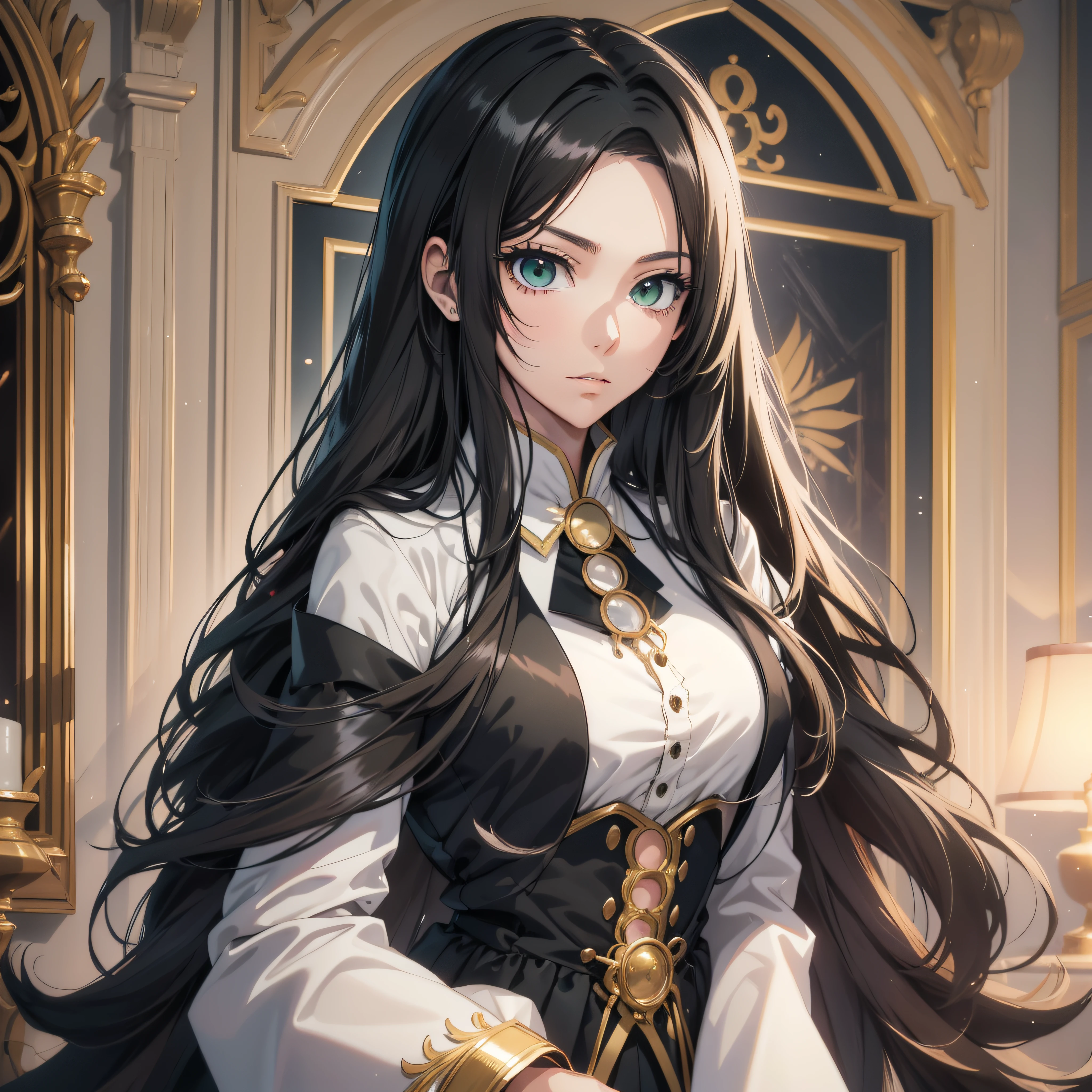 (best quality, masterpiece, ultra-detailed, extremely detailed, highres), 18 years old Anime girl, long raven hair, slightly wavy hair, parted bangs, Magus, green eyes, long black coat, white shirt, black skirt, aristocrat, noble attire, beautiful, ethereal, classic, royal building