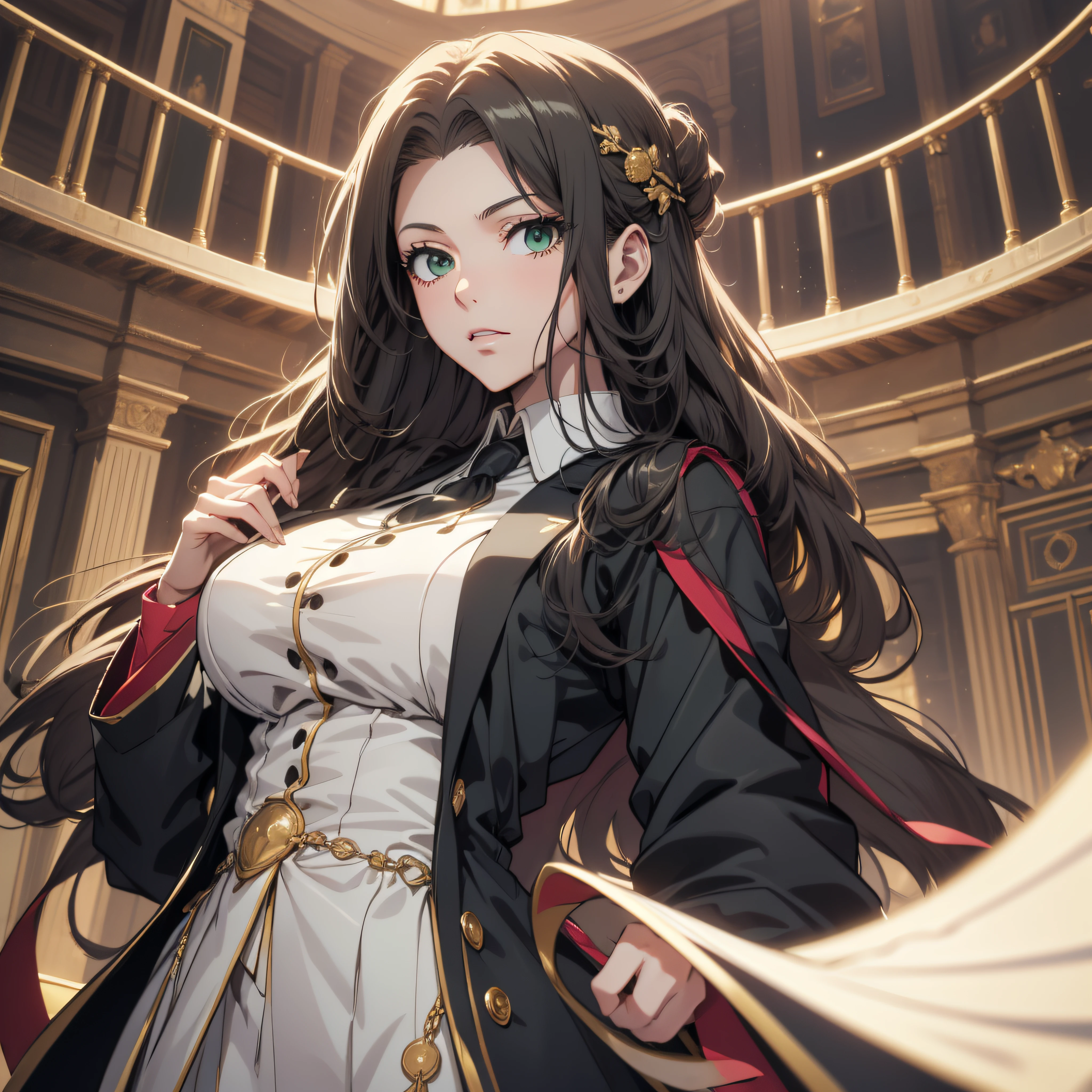 (best quality, masterpiece, ultra-detailed, extremely detailed, highres), 18 years old Anime girl, long raven hair, slightly wavy hair, parted bangs, Magus, green eyes, long black coat, white shirt, black skirt, aristocrat, noble attire, beautiful, ethereal, classic, royal building