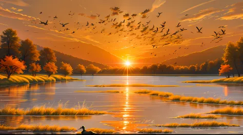 (best quality:1.4),high details,high quality,super detail,masterpiece,The setting sun and the solitary wild duck fly together,while the autumn water shares the same color as the boundless sky,
