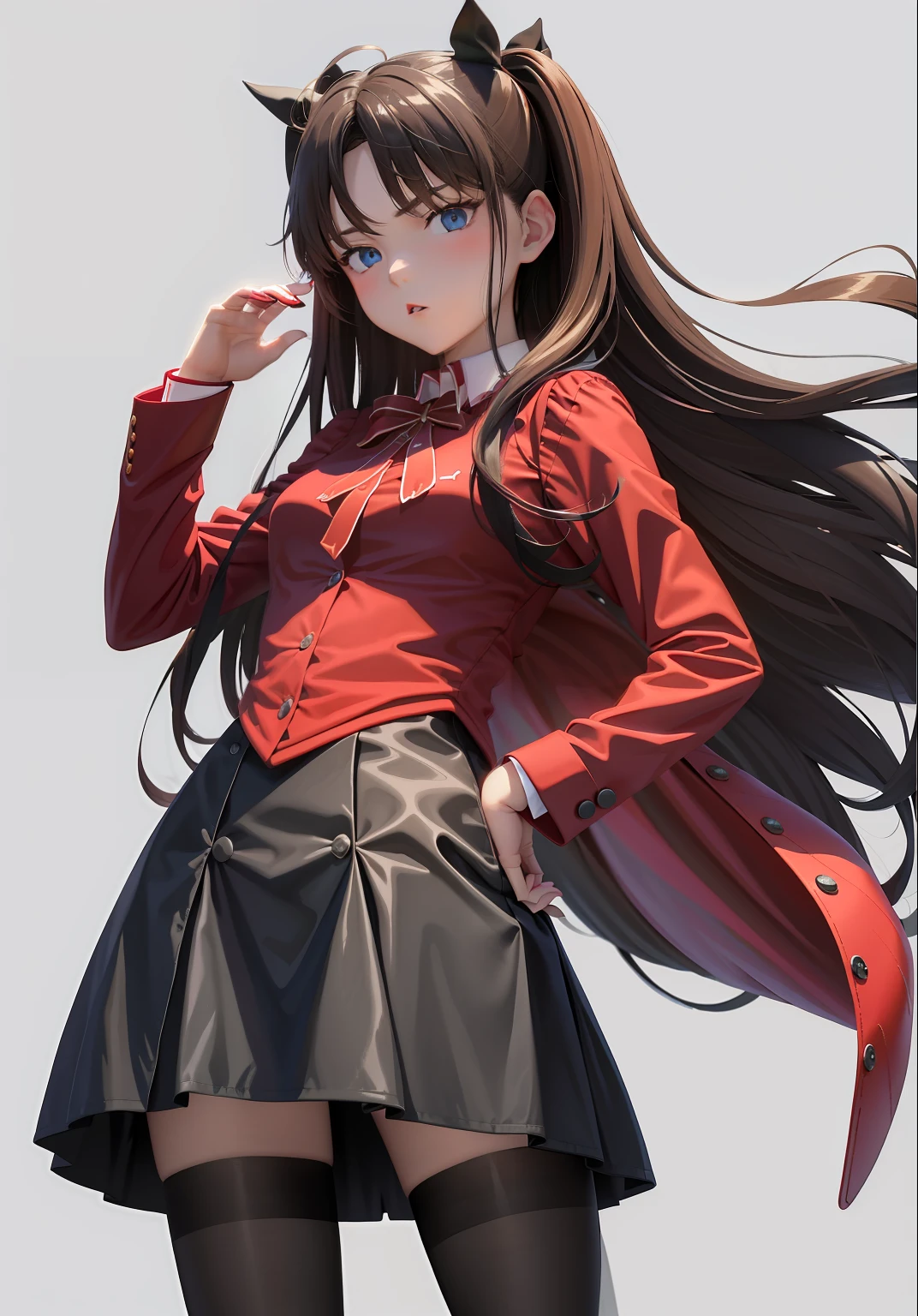 tmasterpiece，Best quality at best，1girl，tohsaka rin，独奏，long whitr hair，Stockings，a skirt，eBlue eyes，Both sides up，Black stockings，brunette color hair，crossed arms，（kbxll：0.6）