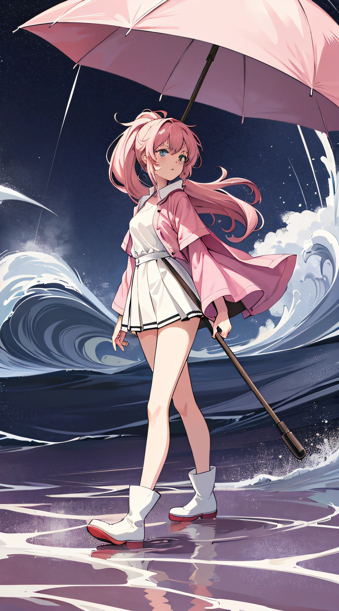 retro artstyle，Steam waves，Detail portrayal，sideways standing，1，teens girl，A pink-haired，High ponytail，Flat flowing sea，White shirt，Loose coat，black short skirt，White rain boots，Holding an umbrella in his right hand，Left light