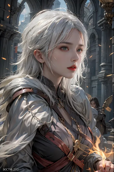 photorealistic, high resolution, 1women, solo, hips up, look at viewer, (detailed face), white hair, sorcerer, dark souls style,...