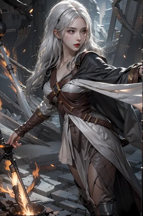 photorealistic, high resolution, 1women, solo, hips up, look at viewer, (detailed face), white hair, sorcerer, dark souls style, fighting with boss, jewelry