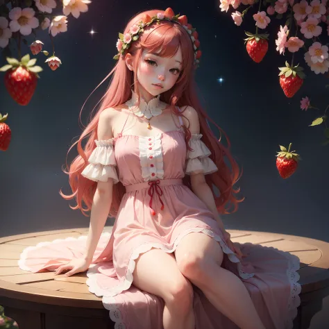 【titles】Strawberry dreamer

depiction：A woman with a beautiful bright red color of strawberries、Wearing a pale pink dress、Sittin...