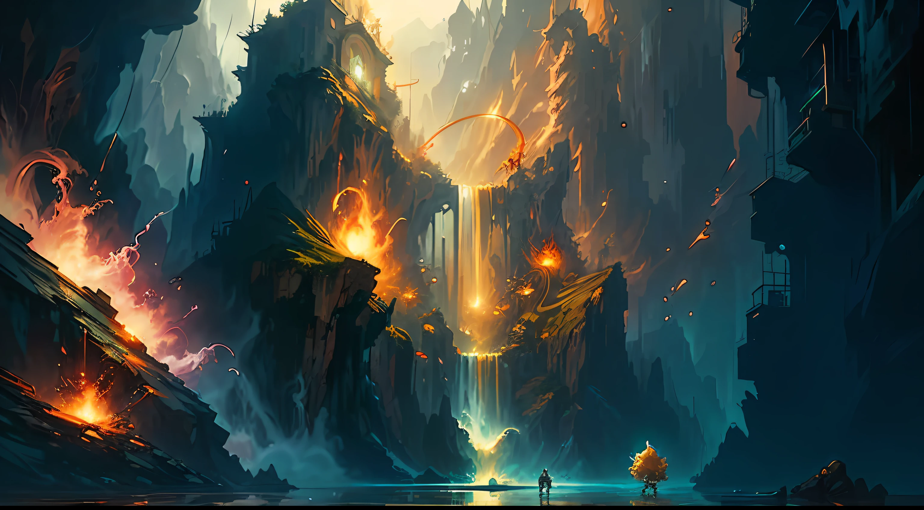 Splash art surreal, by Hikari Shimoda and Gediminas Pranckevicius and Peter Mohrbacher, digital art, dnd, golden hour, trending on artstation, rule of thirds, (waterfall:0.8),