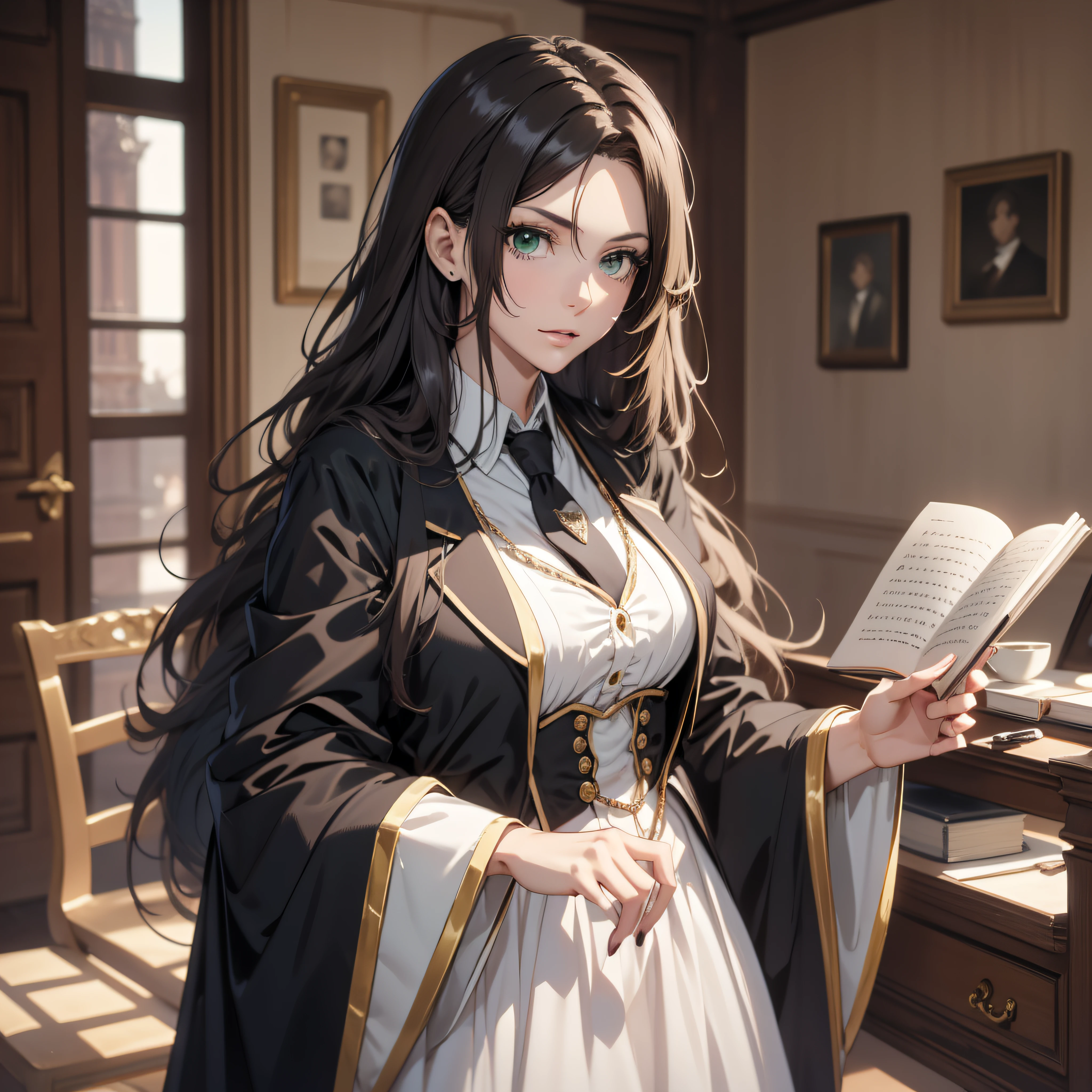 (best quality, masterpiece, ultra-detailed, extremely detailed, highres), 18 years old Anime girl, long raven hair, slightly wavy hair, parted bangs, Magus, magic wand, green eyes, long black coat, white shirt, black skirt, necktie, aristocrat, noble attire, beautiful, ethereal, elegant, prestigious, classic, royal building, royal atmosphere