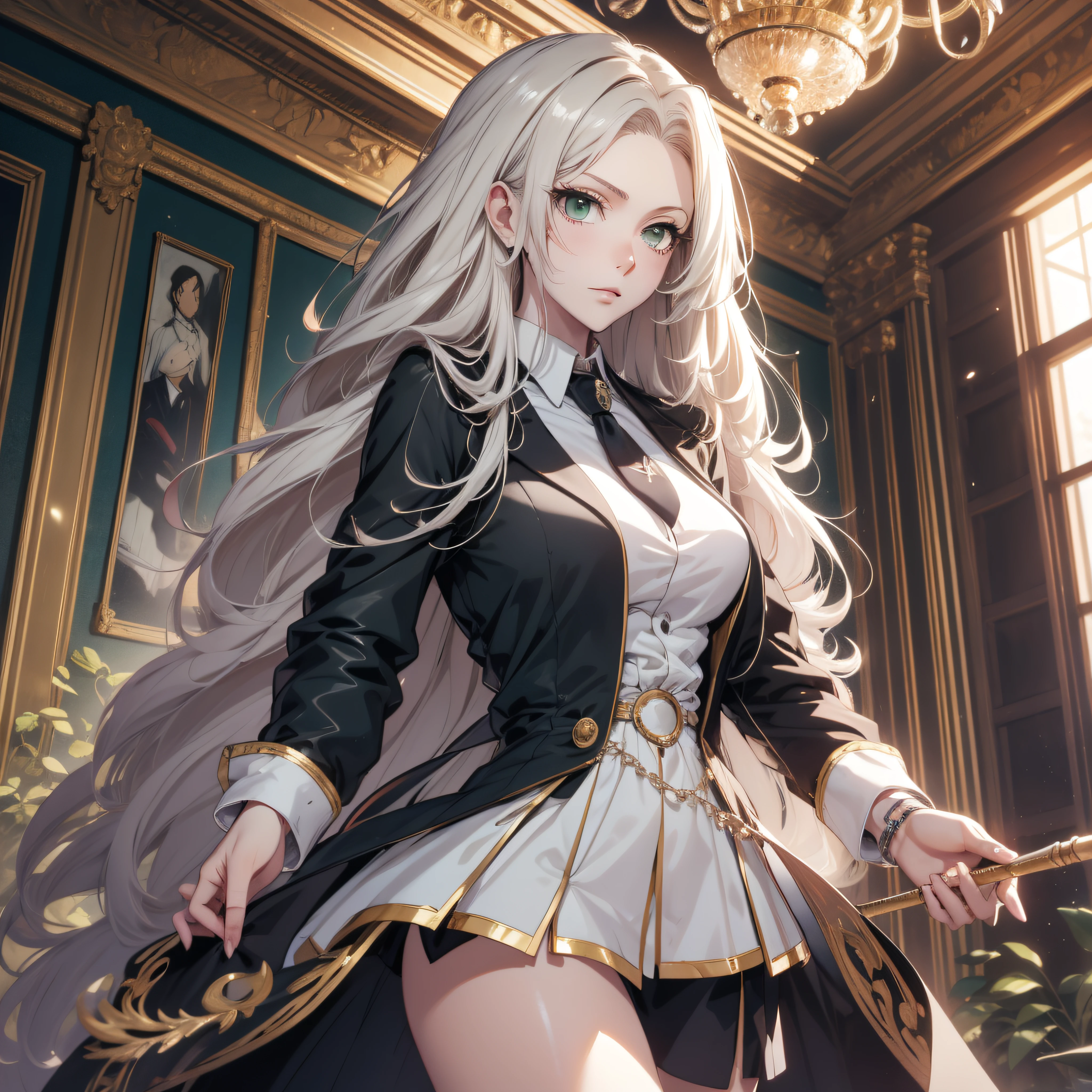 (best quality, masterpiece, ultra-detailed, extremely detailed, highres), 18 years old Anime girl, long raven hair, slightly wavy hair, parted bangs, Magus, magic wand, green eyes, long black coat, white shirt, black skirt, necktie, aristocrat, noble attire, beautiful, ethereal, elegant, prestigious, classic, royal building, royal atmosphere