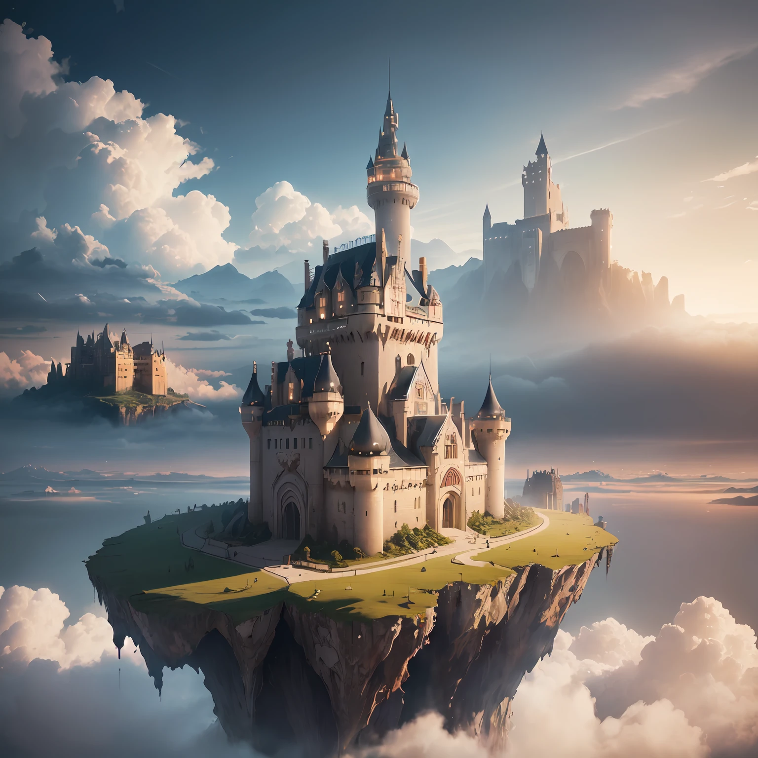 "there's an island floating in the sky among the 雲 with castle on it, 城はギアと機械部品でいっぱいです" 天空の城, 浮かぶ城, 雲, (映画のような, 8k, 傑作, 素晴らしい背景, ダイナミックライティング, ズームアウトする, 非常に超高精細, 魅惑的な風景の景色)