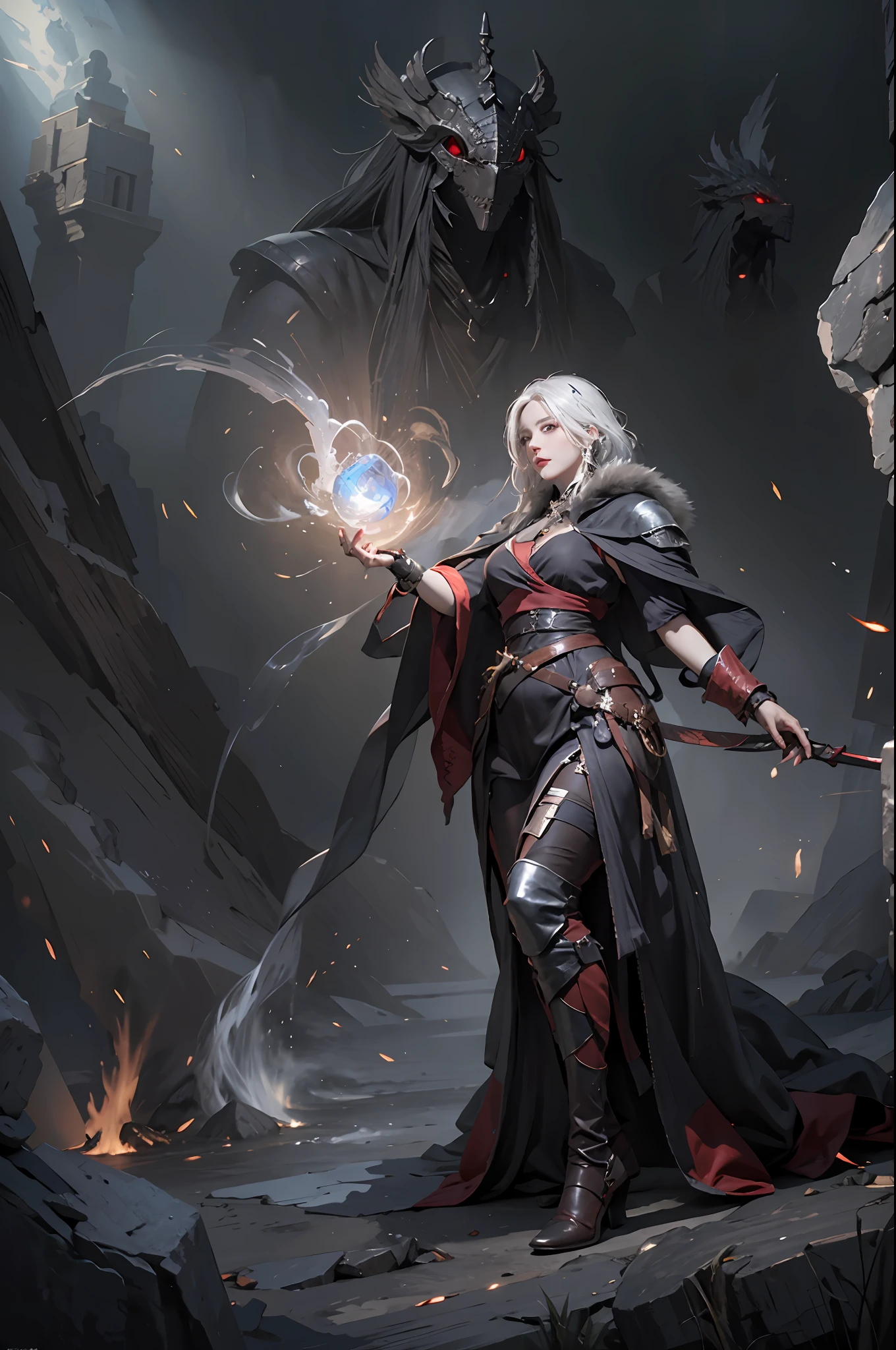 photorealistic, high resolution, 1women, solo, hips up, look at viewer, (detailed face), white hair, sorcerer, dark souls style, fighting with boss, jewelry