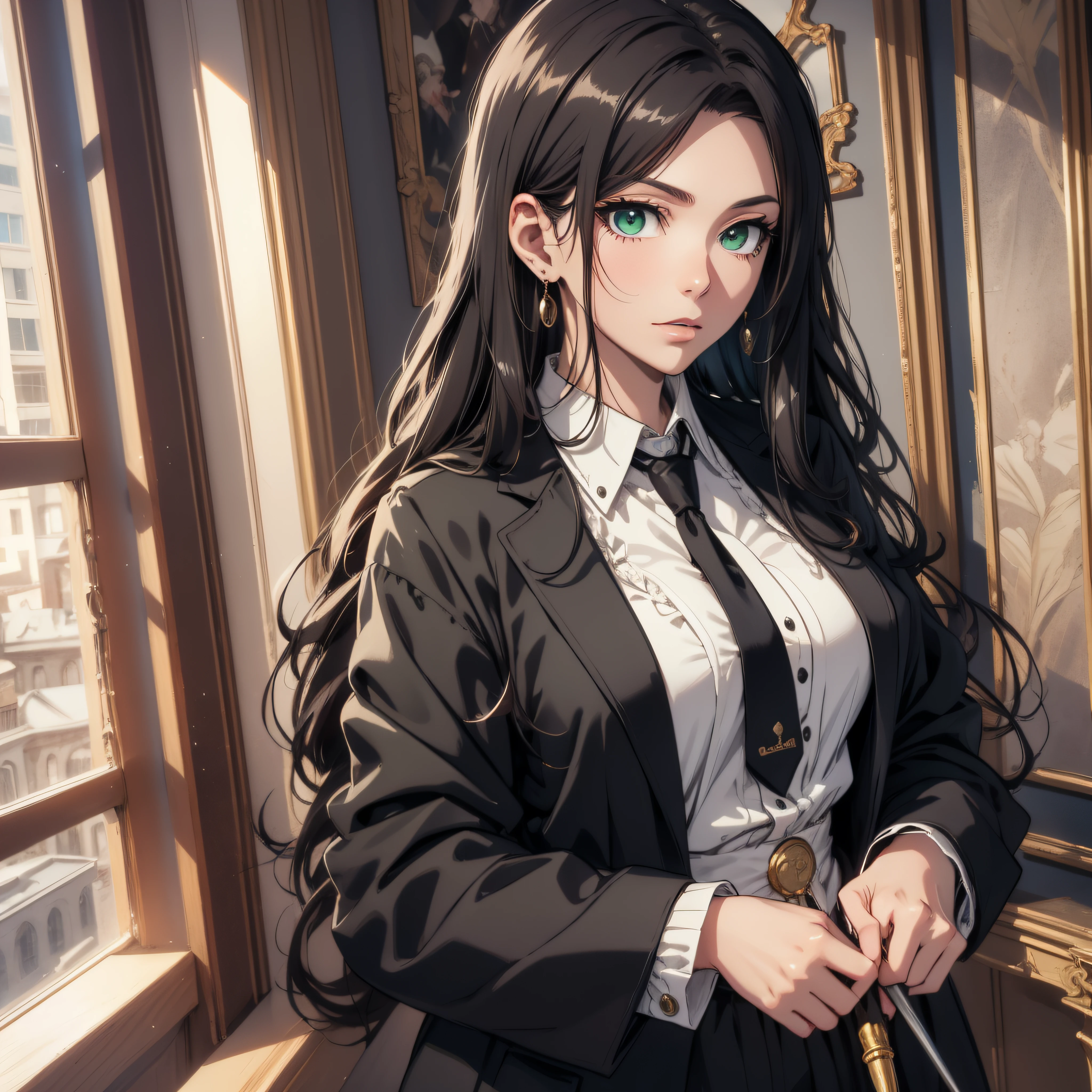 (best quality, masterpiece, ultra-detailed, extremely detailed, highres), 18 years old Anime girl, long raven hair, slightly wavy hair, parted bangs, Magus, magic wand, green eyes, earring, long black coat, white shirt, black skirt, necktie, aristocrat, noble attire, beautiful, ethereal, elegant, prestigious, classic, royal building, royal atmosphere