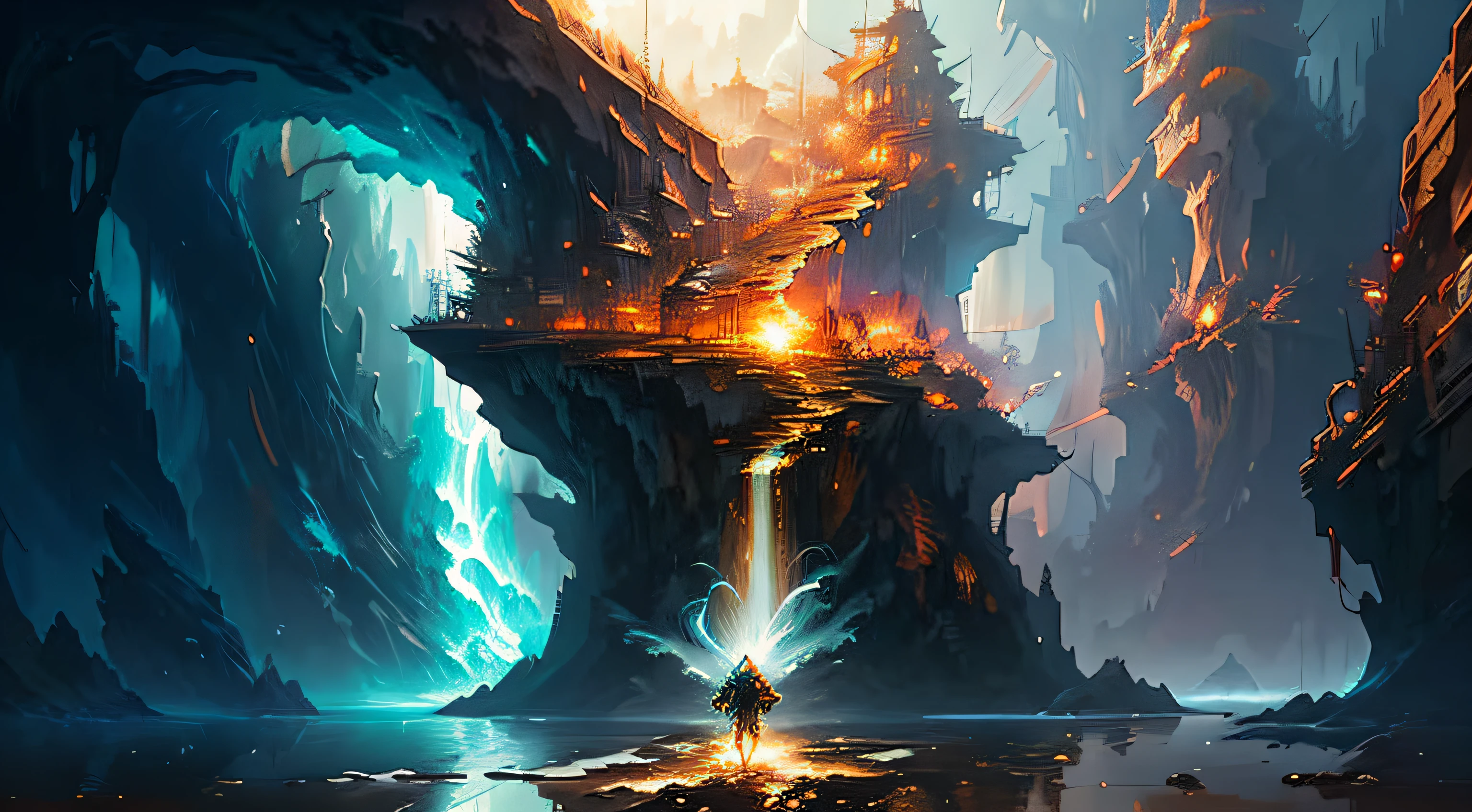 Splash art surreal, by Hikari Shimoda and Gediminas Pranckevicius and Peter Mohrbacher, digital art, dnd, golden hour, trending on artstation, rule of thirds, (waterfall:0.8),