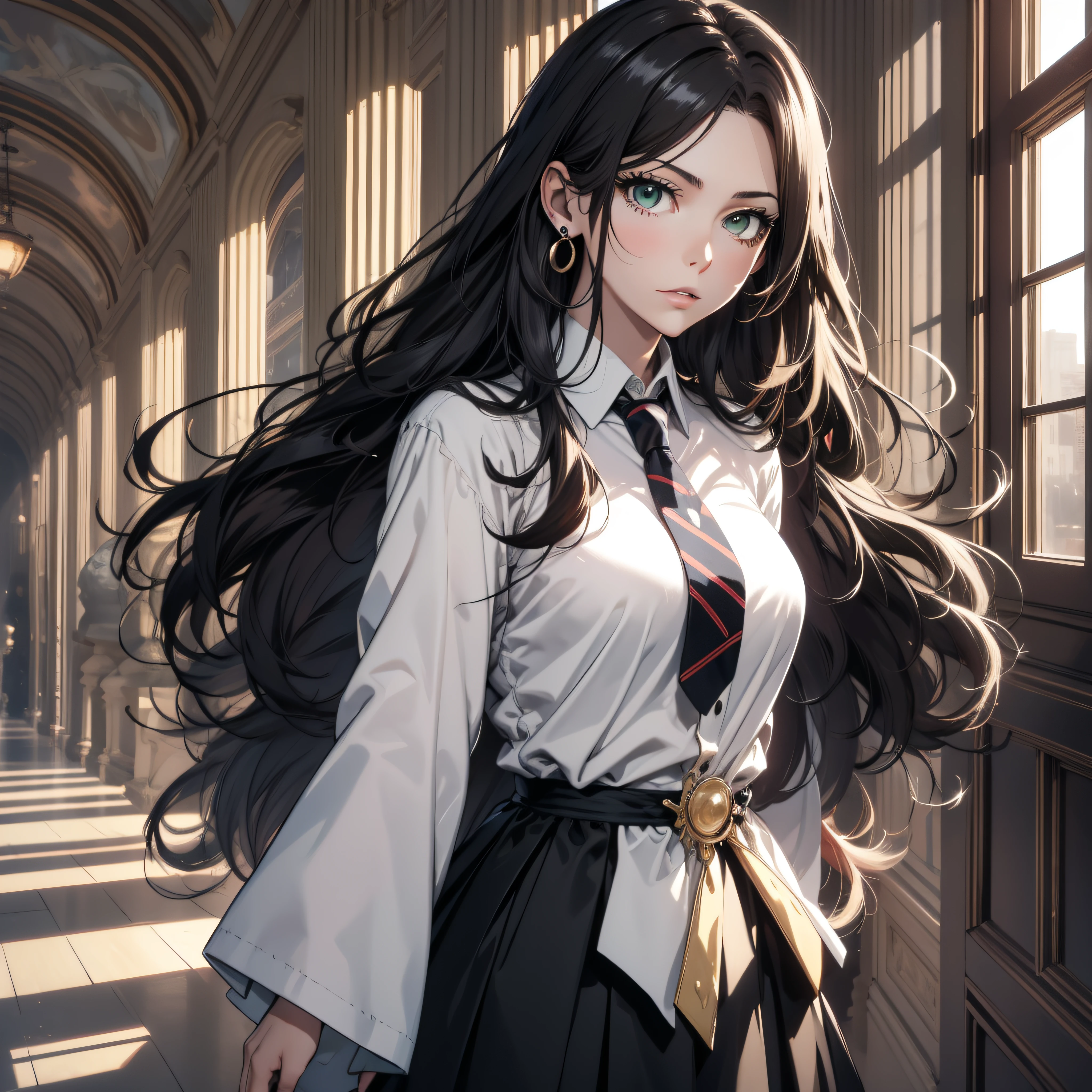 (best quality, masterpiece, ultra-detailed, extremely detailed, highres), (1girl, single, solo), 1 Anime girl, long raven hair, slightly wavy hair, parted bangs, Magus, green eyes, earring, long black coat, white shirt, black skirt, necktie, aristocrat, noble attire, beautiful, ethereal, elegant, prestigious, classic, royal building, royal atmosphere