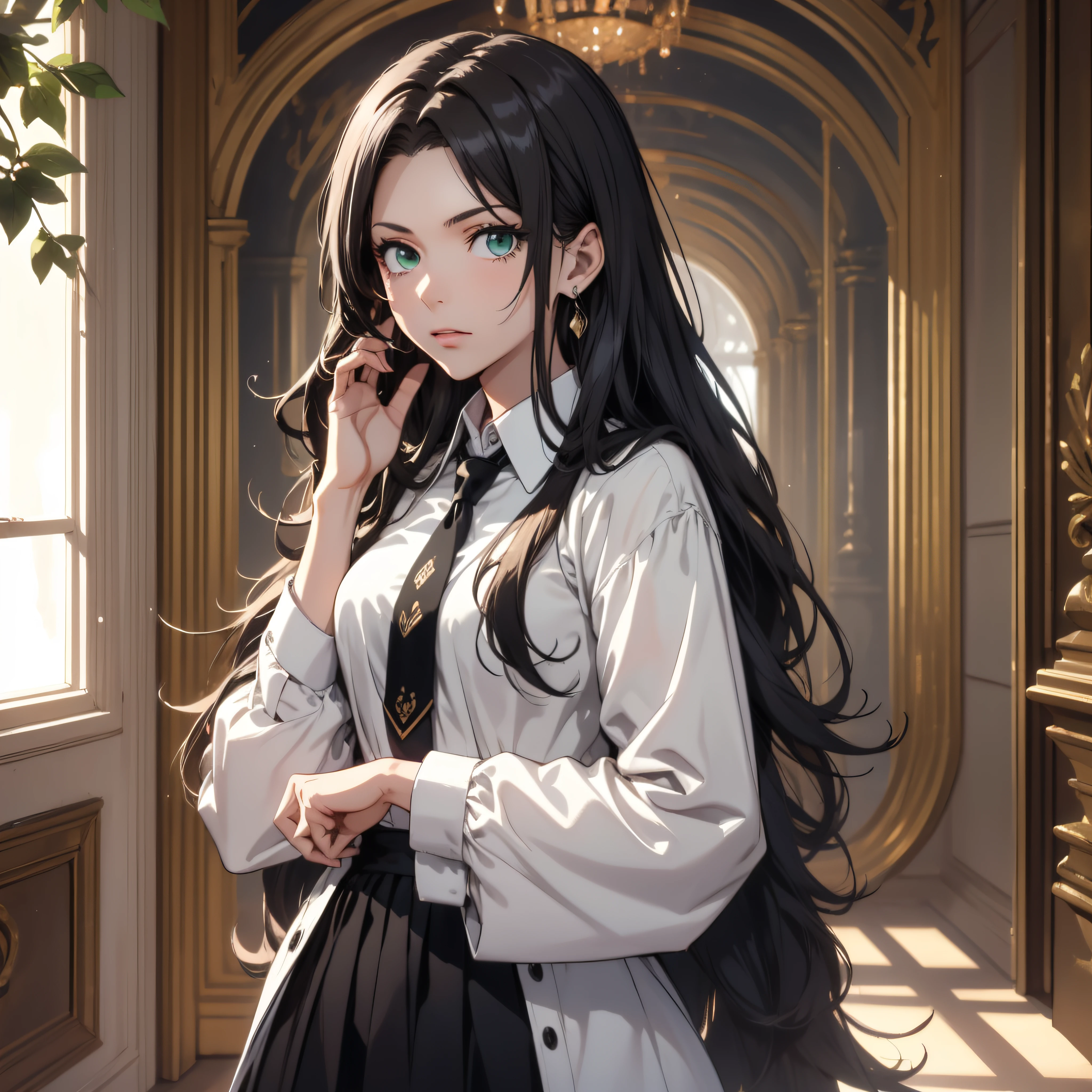 (best quality, masterpiece, ultra-detailed, extremely detailed, highres), (1girl, single, solo), 1 Anime girl, long raven hair, slightly wavy hair, parted bangs, Magus, green eyes, earring, long black coat, white shirt, black skirt, necktie, aristocrat, noble attire, beautiful, ethereal, elegant, prestigious, classic, royal building, royal atmosphere