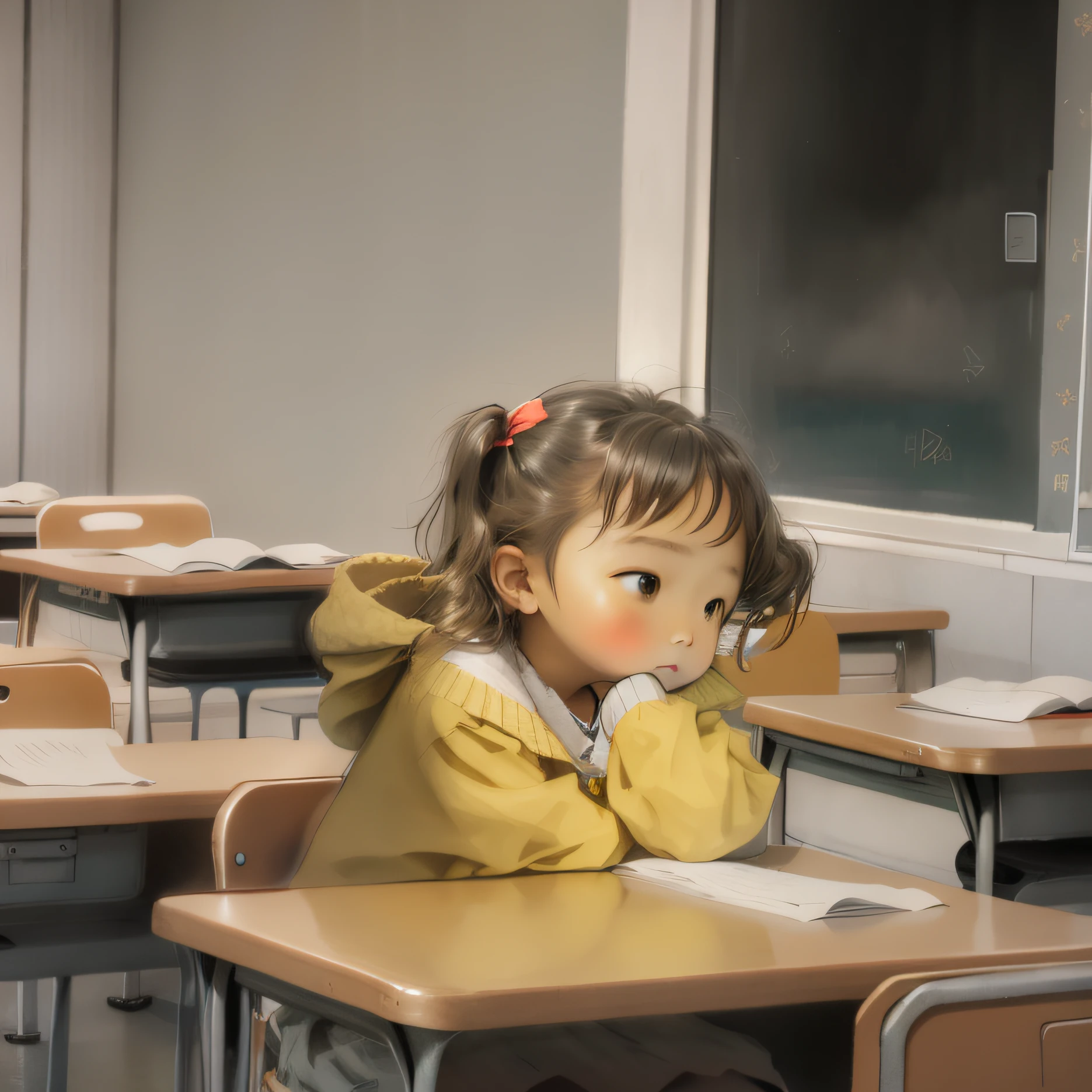 เด็กผู้หญิงนั่งอยู่ในห้องเรียน。