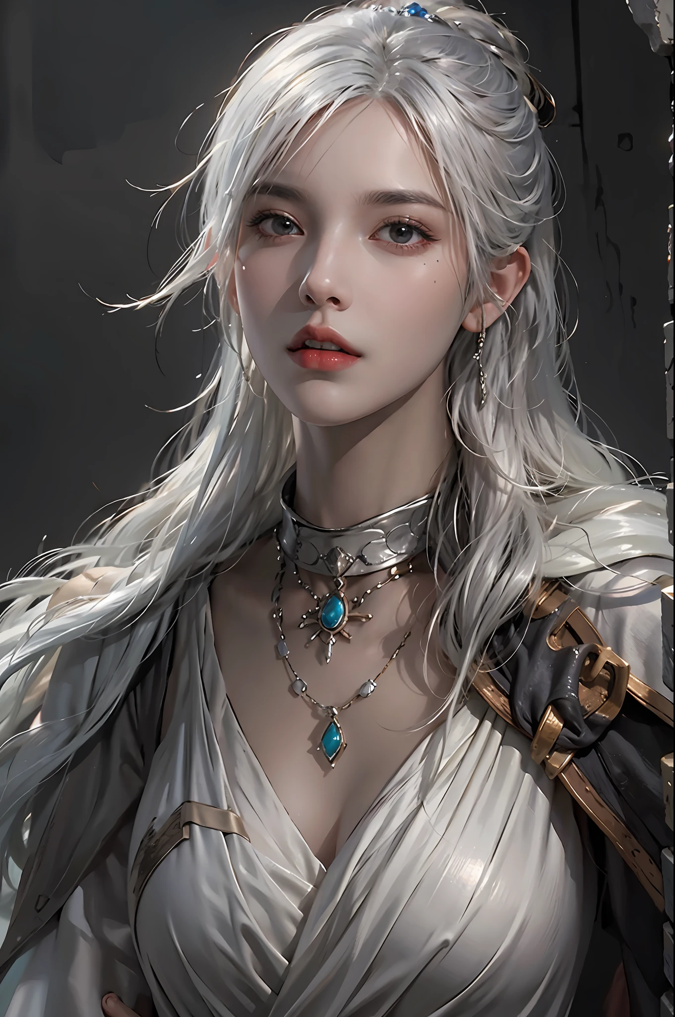 photorealistic, high resolution, 1women, solo, hips up, look at viewer, (detailed face), white hair, sorcerer, dark souls style, fighting with boss, jewelry