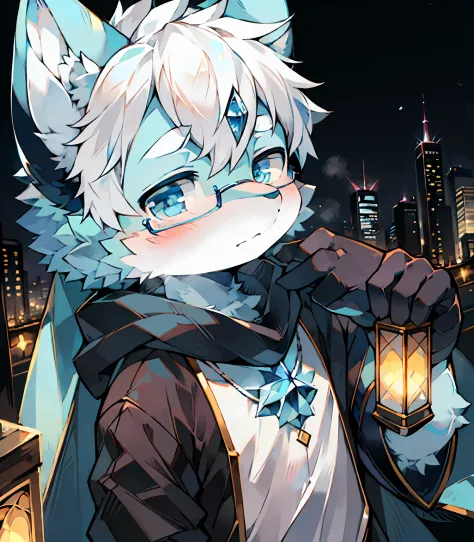 Highest image quality，Delicate painting style，Delicate hook lines，tmasterpiece，Fine fine skin，Delicate hair，Complete painting，A masterpiece，Delicate hands，finely-detailed eyes，Normal eyes，Blue wolf ears，Furry，Black-framed round glasses，blue color eyes，Hand...