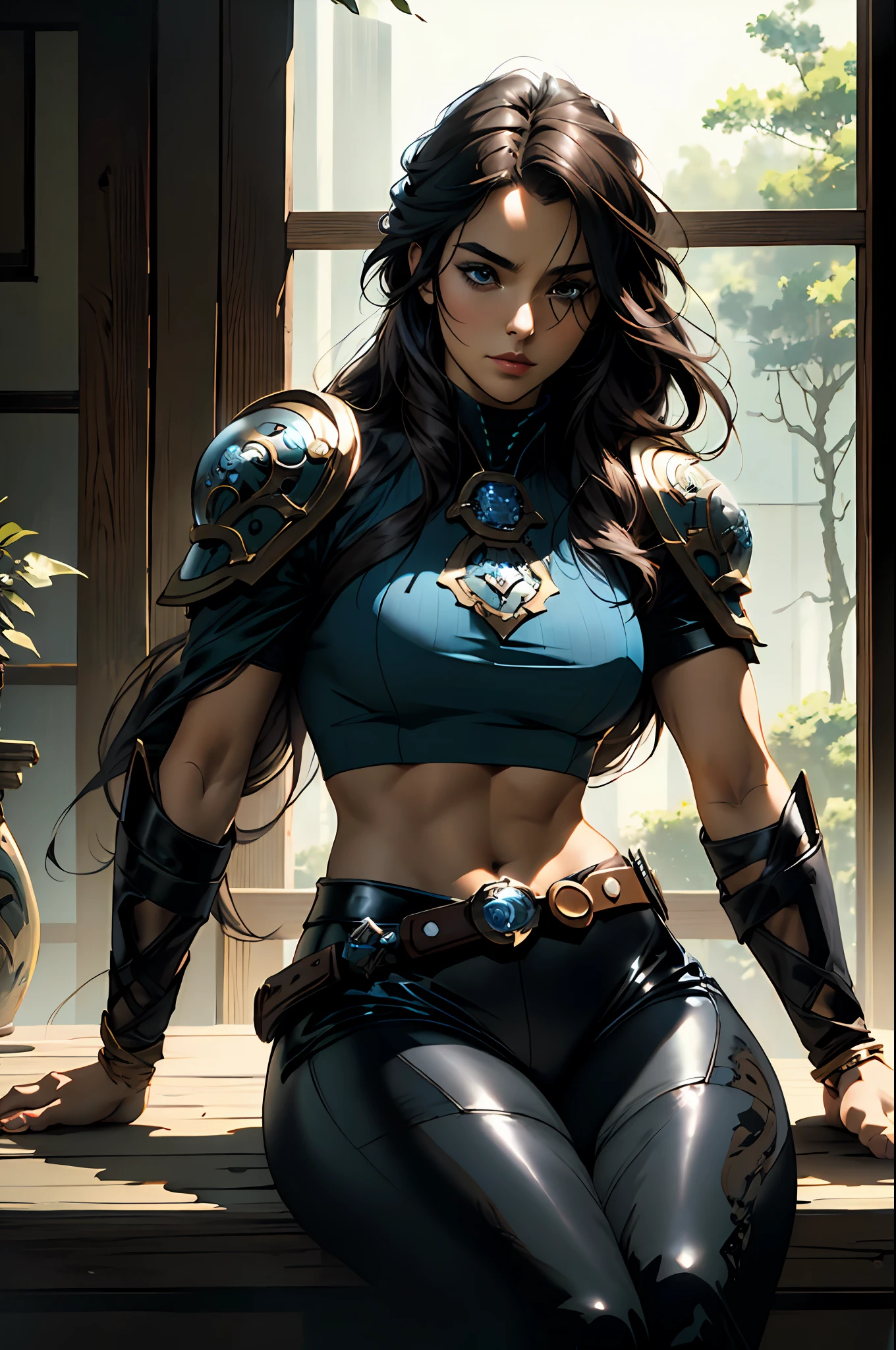 a beautiful woman with long hair, her delicate face exuding a cold and proud gaze, dressed in a high-collared crop top that exposes her waist and sleeveless leather armor, paired with tight-fitting leather pants, showcasing her athletic figure, holds a sword with a blue scabbard in her hand, she lazily sitting on a sofa, the character design depicting a fantasy-style bounty hunter with a Japanese anime design, the artwork features finely detailed character design, showcasing a mature Japanese manga artistic style, ((character concept art)), full body character drawing, high definition, best quality, ultra-detailed, extremely delicate, anatomically correct, symmetrical face, extremely detailed eyes and face, high quality eyes, creativity, RAW photo, UHD, 8k, (Natural light, professional lighting:1.2, cinematic lighting:1.5), (masterpiece:1.5)
