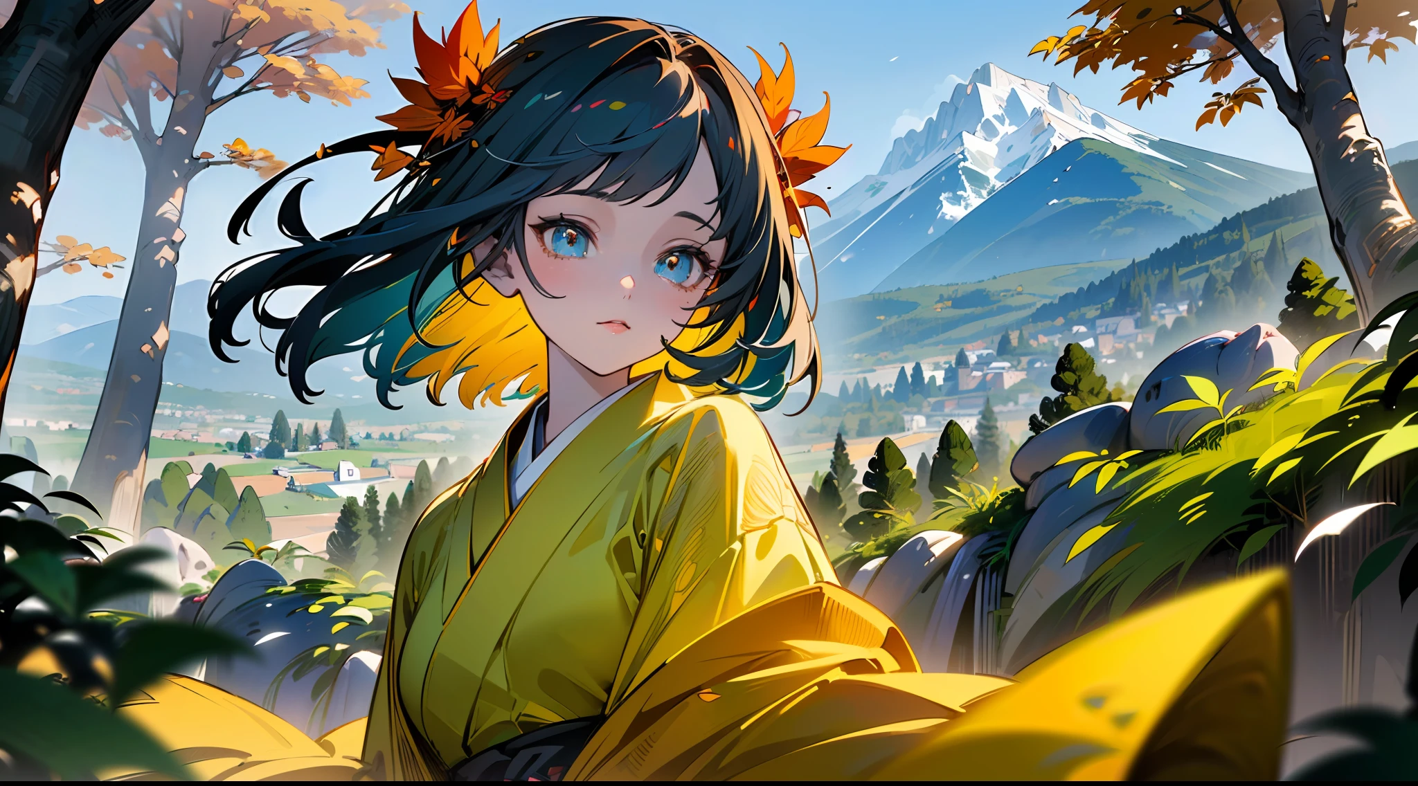 (Masterpiece, top quality, super detailed CG, ultra detailed beautiful face and eyes,super detailed, intricate details:1.2), 8k wallpapers, elaborate features,
(1 person, solo:1.4)perfect cartoon illustration,(1 person, solo:1.4), 
(realistic textures:0.8), high res, 1 girl, kimono, autumn, many trees, dancing leaves, mountains,her whole body is in the illustration