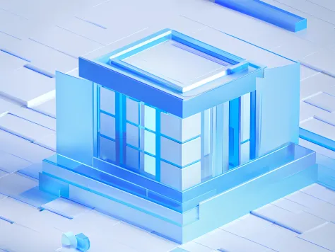 There is a shop in blue and white on a blue and white background, The store consists of many cubes, There is a plaque on the top of the store with the words "Zhongyi"，The base is a regular square，More white space around the isometric style, 3d isometric, p...