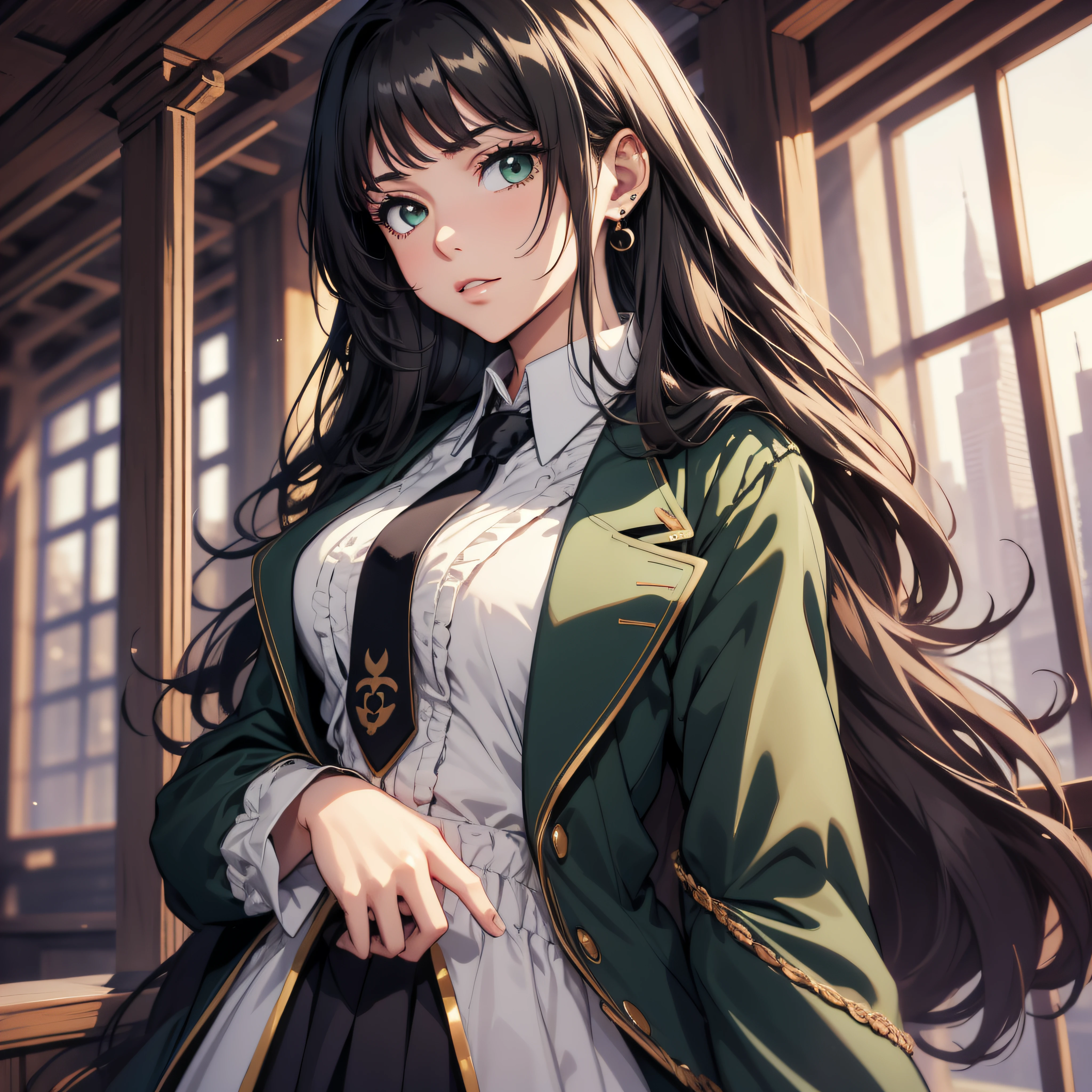 (best quality, masterpiece, ultra-detailed, extremely detailed, highres), (1girl, single, solo), 1 Anime girl, long raven hair, slightly wavy hair, parted bangs, Magus, green eyes, earring, long black coat, white shirt, black skirt, necktie, aristocrat, noble attire, beautiful, ethereal, elegant, prestigious, classic