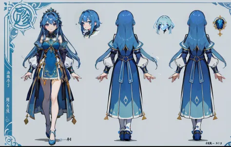 1人, reference sheet, (Fantasy character design, Front, back, Side) girl, princess, blue long hair, blue dress, royal, masterpiece, top quality, best quality)
