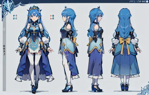 1人, reference sheet, (Fantasy character design, Front, back, Side) girl, princess, blue long hair, blue dress, royal, masterpiece, top quality, best quality)