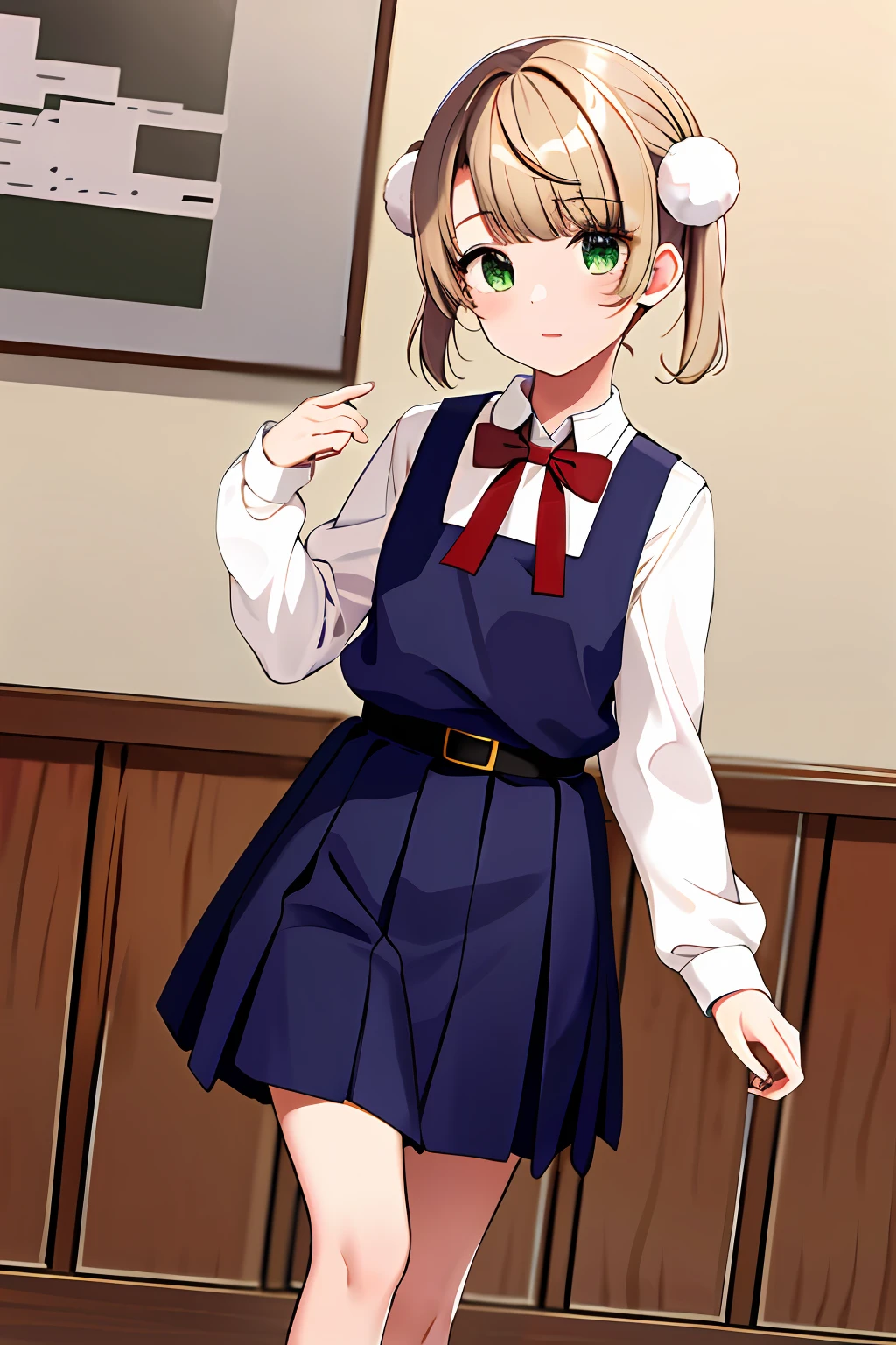 masterpiece, best quality, highres, ui3, 1girl, solo, green eyes, pom pom \(clothes\), pinafore dress, white shirt, white socks, long sleeves, aged down, short hair, belt, red bowtie, bangs, school uniform, blue dress, collared shirt, cowboy shot,