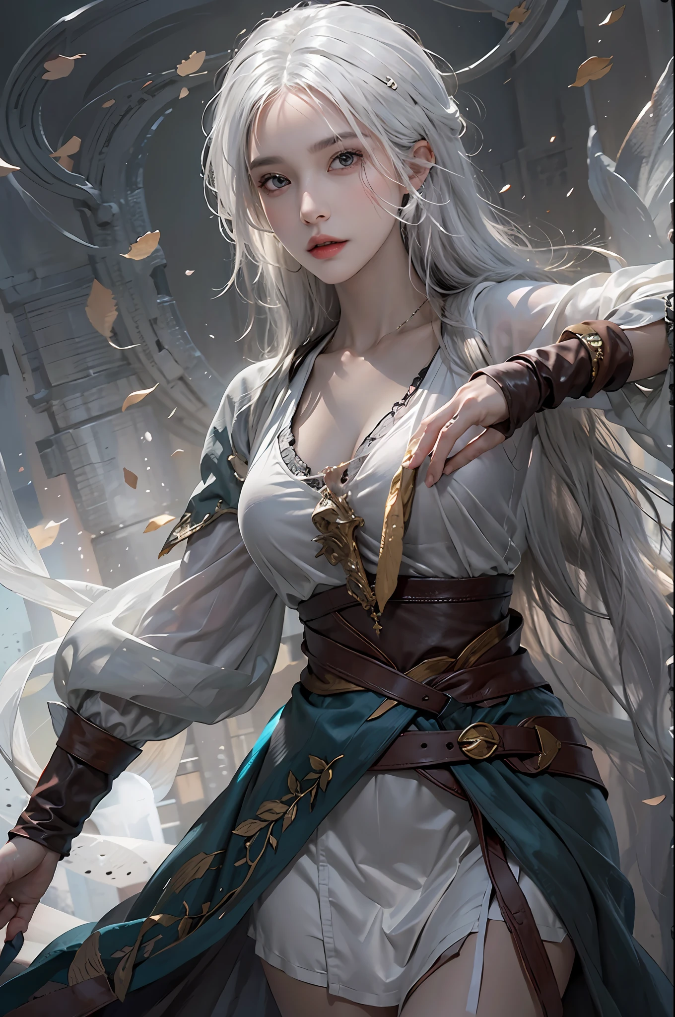 photorealistic, high resolution, 1women, solo, hips up, look at viewer, (detailed face), white hair, sorcerer, dark souls style, fighting, jewelry