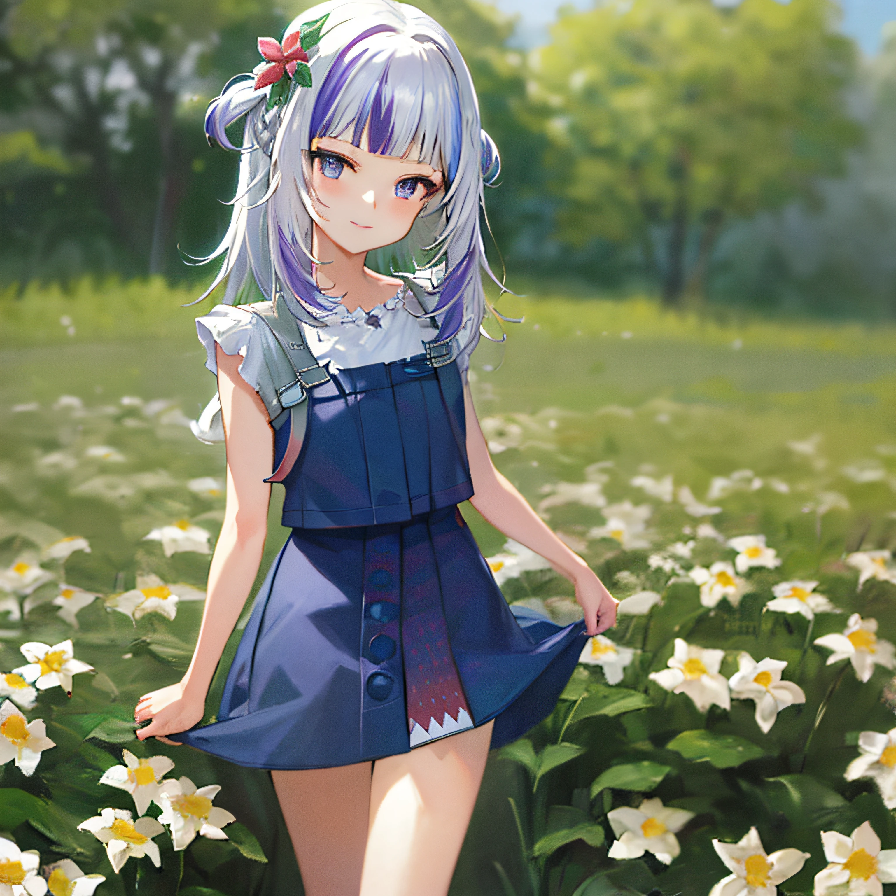 tmasterpiece， A high resolution， Best quality at best， ultra - detailed， Perfect litthing， gawrgura， frill dress， ssmile， （（rays of sunshine））， （（flower  field））， detailedbackground，Purple colored hair