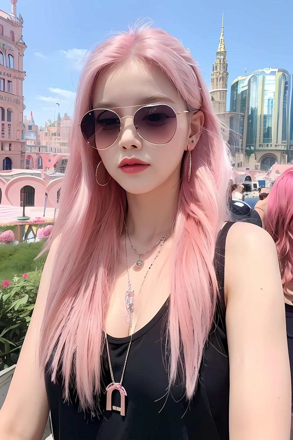 (extra detailed body、extra detailed face、best qualtiy:1.2)、femele、looking at the viewers、(Colorful tank top made of pink-based fur、Pink drape、Round sunglasses、A pink-haired、Fancy piercings、a necklace、Colorful fur hair ornament)、(City with many pink round distorted buildings in the background:1.4)