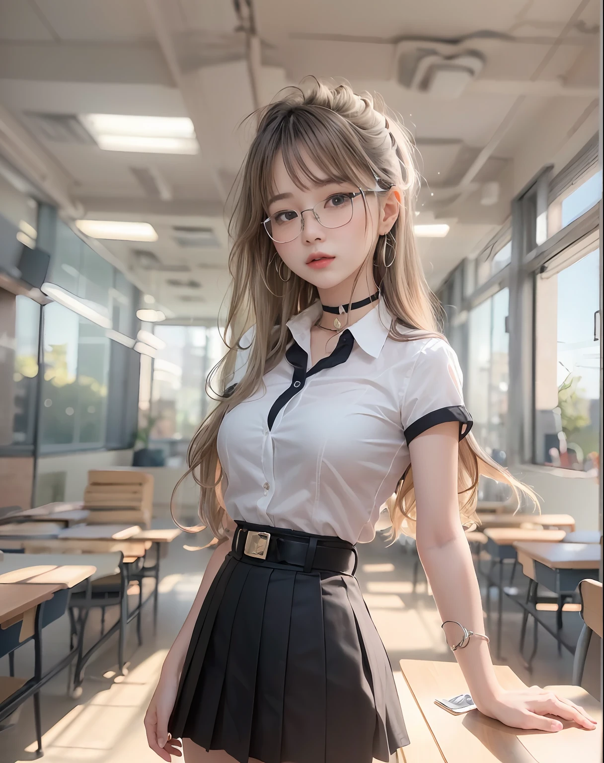 absurdres, 1girl, blush, (realistic:1.5), (masterpiece, Extremely detailed CG unity 8k wallpaper, best quality, highres:1.2), (ultra_detailed, UHD:1.2), perfect illumination, distinct, (1girl:1.4), looking at viewer, unreal engine, sidelighting, perfect face, detailed face, perfect body, beautiful eyes, pretty face, (bright skin:1.4), idol, (abs), ulzzang-6500-v1.1,,((medium breast)),((narrow waist)),(blonde hair),armpit pose, MAHALAIUNIFORM,(((WHITE SHIRT SHORT SLEEVES))),((BLACK polished PENCIL SKIRT)),((BLACK PLEATED SKIRT)),((in the classroom)),(((choker))),((white shirt short sleeves )),((black pencil skirt)),(belt),((standing)),(Full body:1.4),bangs,((glasses)),sharp eyes,peck the corners of the mouth,silver earrings,peck the corners of the mouth