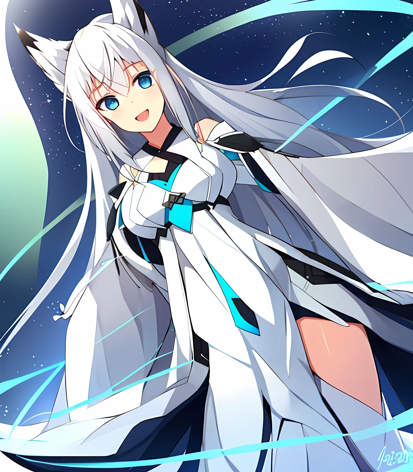 1 girl, Furry woman, White fox, Masterpiece, Light blue eyes, Light smile, Open mouth, \: